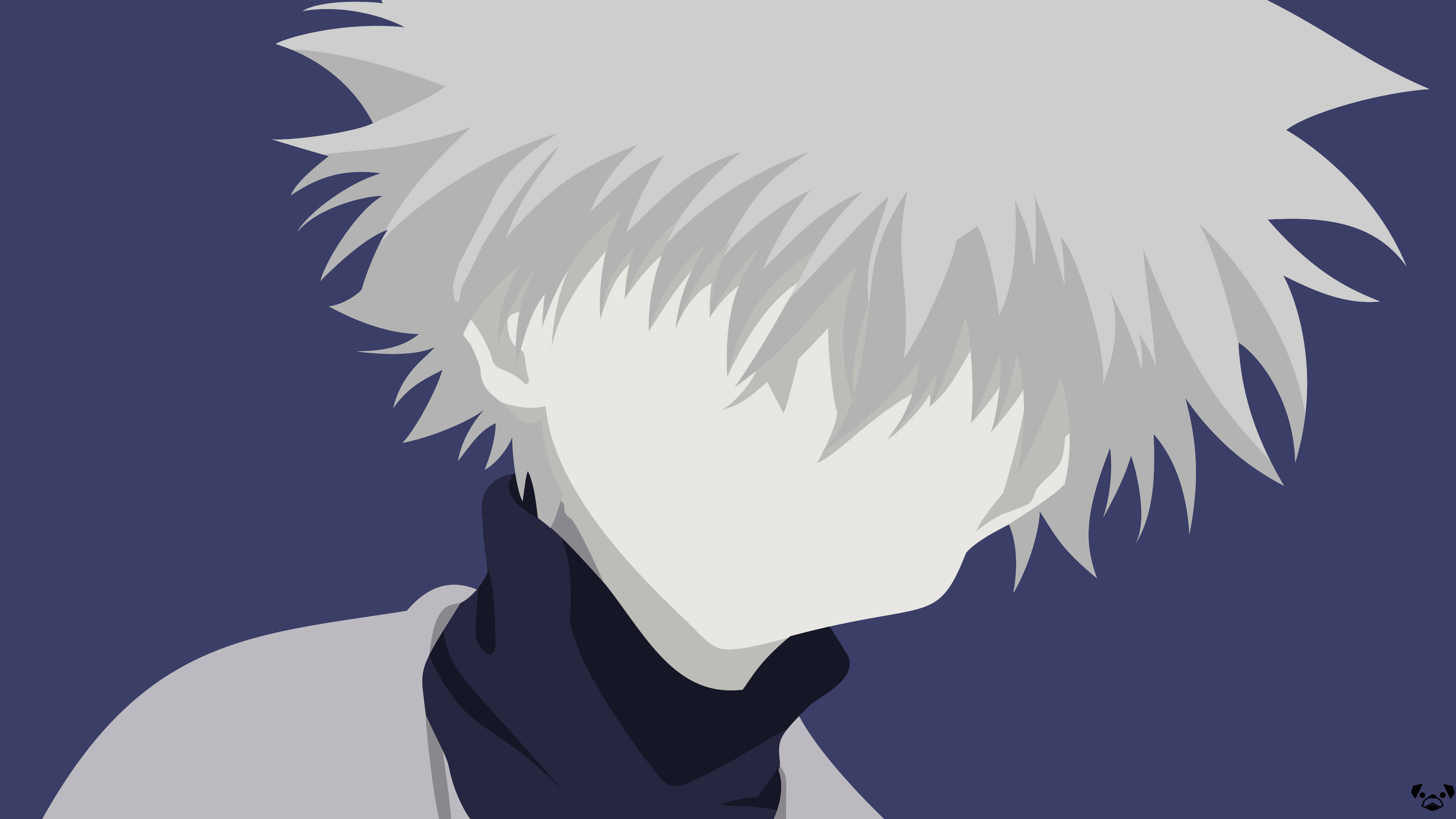 killua 4K 桌布 壁紙 — 一個風格化的動漫角色，有著尖刺的白髮和深色圍巾，在深藍色背景上以側面輪廓呈現。