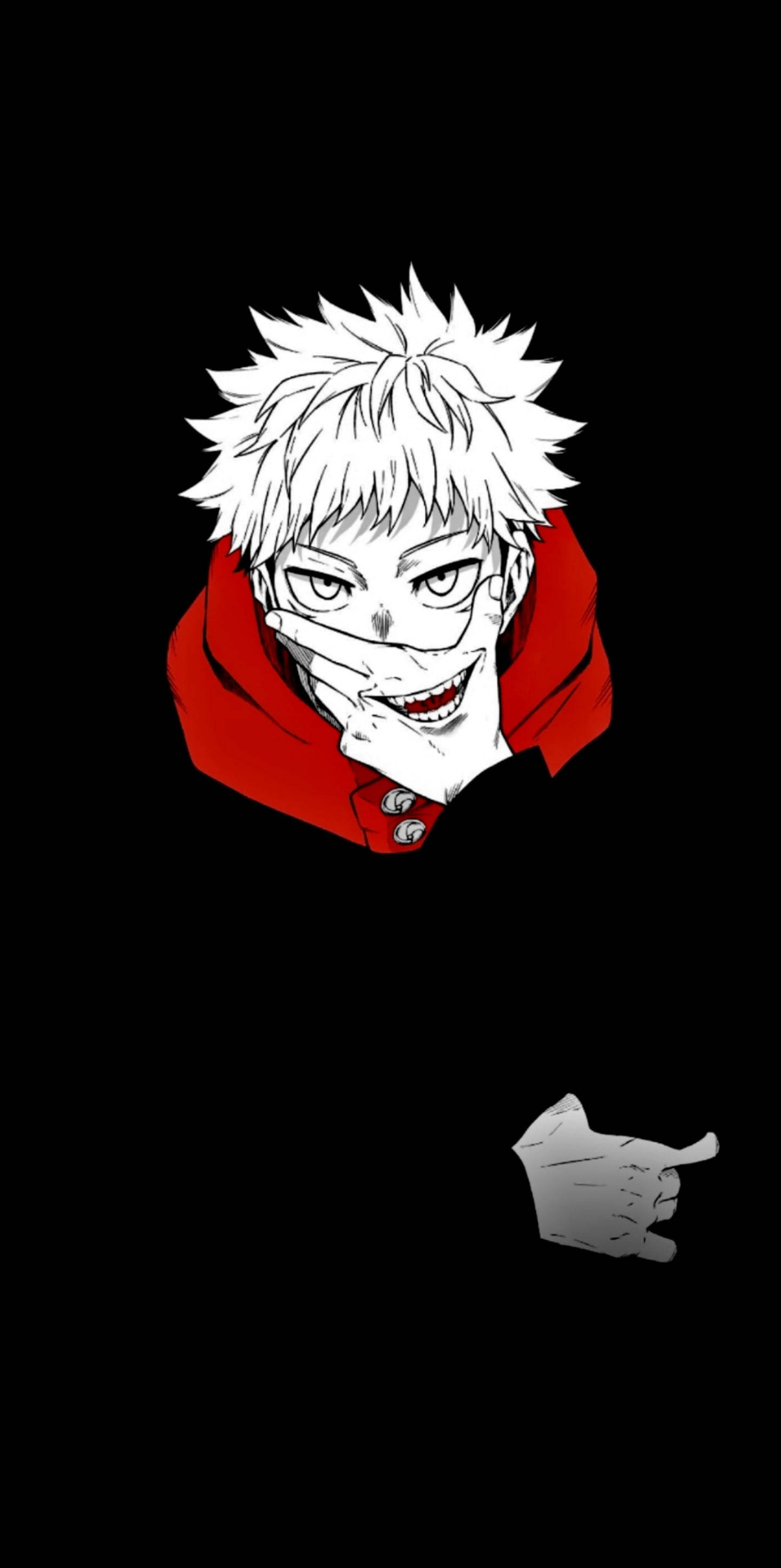 動漫男孩 桌布 壁紙 — 一個風格化的動漫角色，有著尖刺的白髮和紅色連帽衫，在黑色背景前被一隻手指著，露出威脅的笑容。