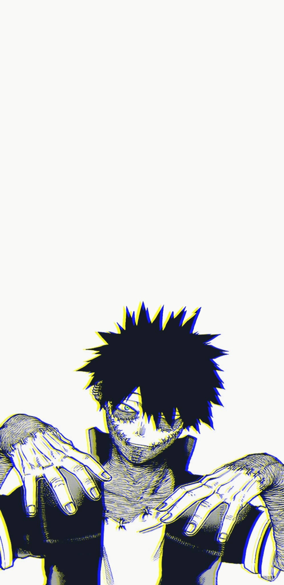 Dabi Aesthetic 桌布 壁紙 — 一個風格化的動漫角色，有著尖刺的黑髮和銳利的眼睛，在純色背景前向前伸手。