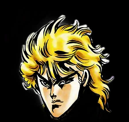 Dio Brando 桌布 壁紙 — 一個風格化的動漫角色，有著尖刺的金色頭髮和強烈的凝視，背景為黑色。