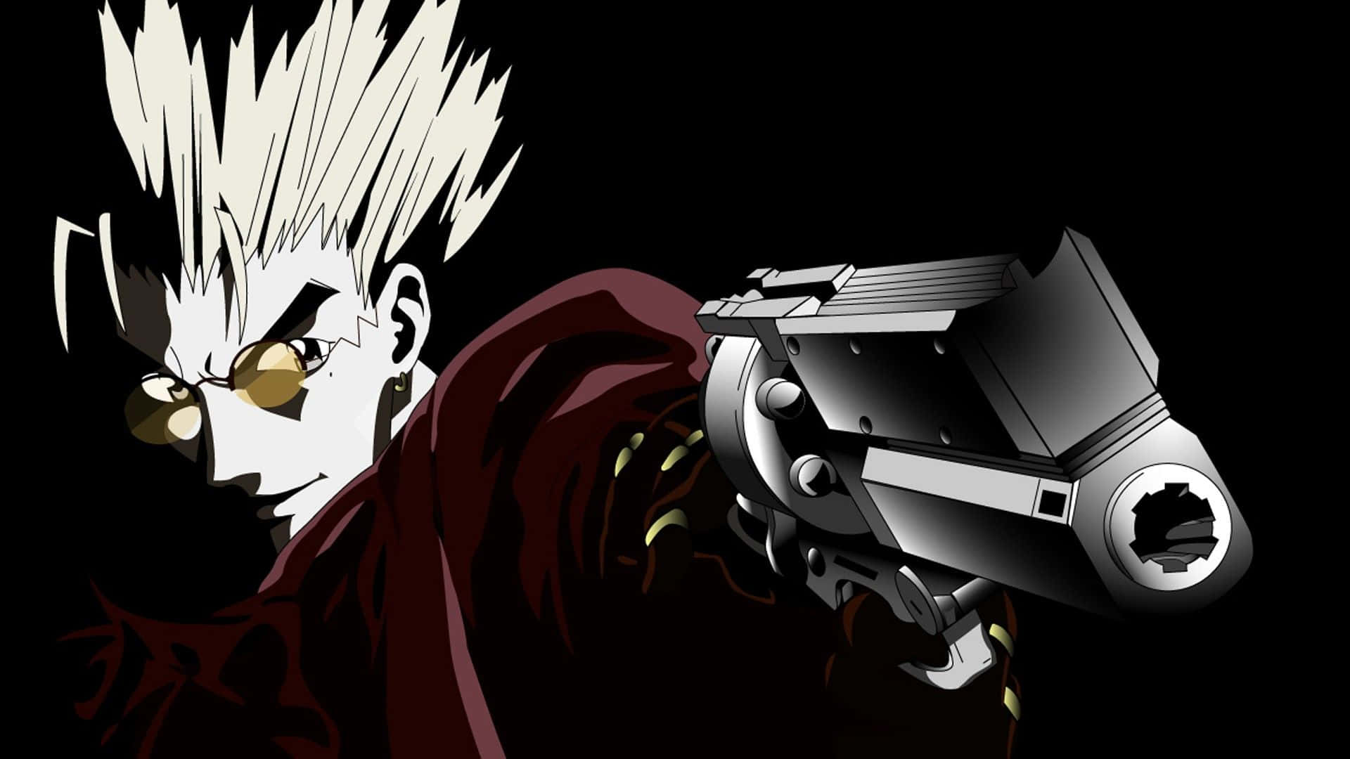 Trigun 桌布 壁紙 — 一個風格化的動漫角色，有著尖刺的白髮和金框眼鏡，在黑色背景前瞄準一把巨大的銀色左輪手槍。