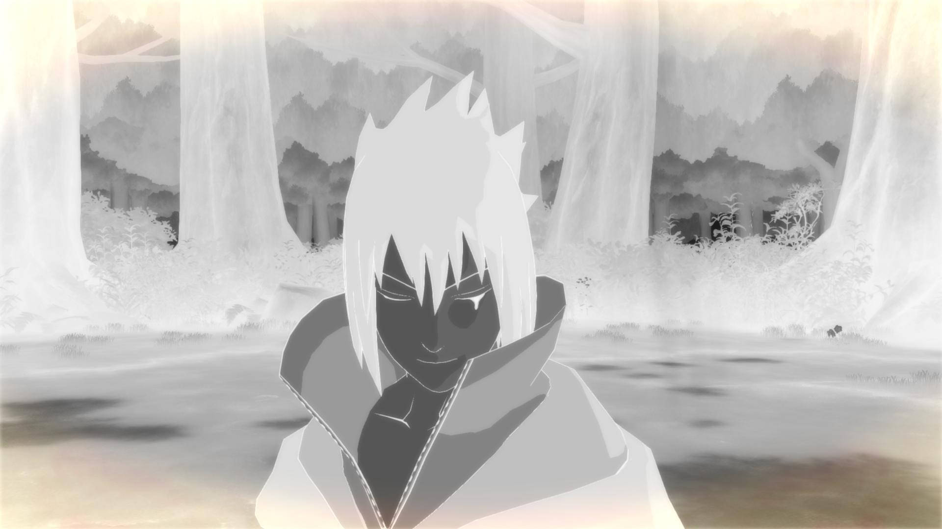Sasuke 4K 桌布 壁紙 — 一個風格化的動漫角色，有著尖刺的白髮，站在霧氣瀰漫的森林中，柔和的光芒穿過高大的樹木。