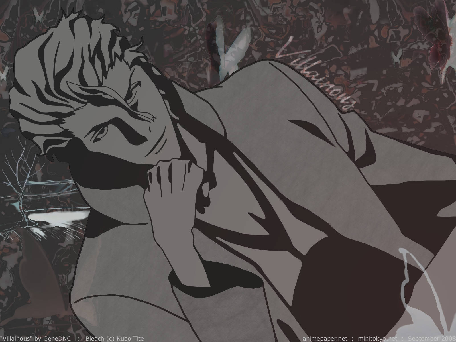 Aizen 桌布 壁紙 — 一個風格化的動漫角色，有著尖刺的頭髮，在混亂的抽象背景前以戲劇性的姿勢向前傾。
