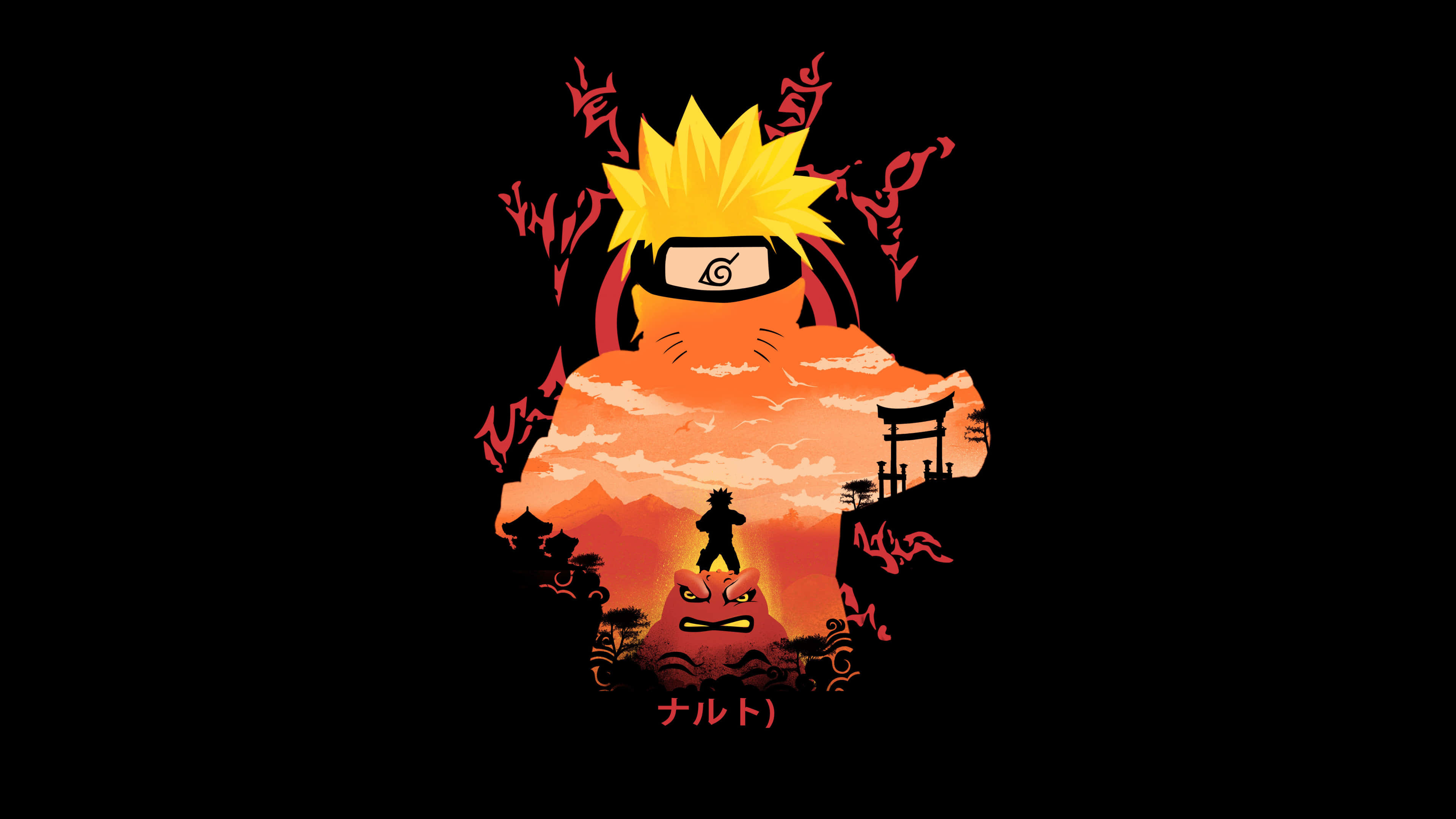 Naruto Anime 桌布 壁紙 — 一個風格化的動漫角色，有著尖刺的黃色頭髮和頭帶，站在山脈和鳥居的熾熱橙色日落剪影前。