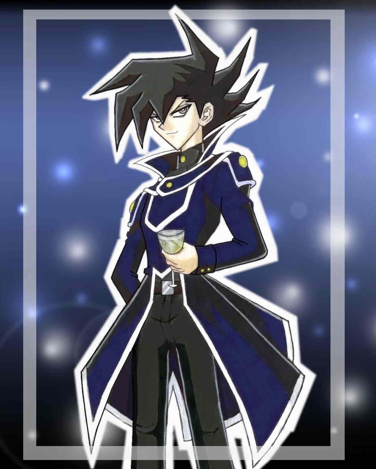 Chazz Princeton 桌布 壁紙 — 一個風格化的動漫角色，有著尖刺的黑髮和藍色外套，在星空背景下拿著飲料。
