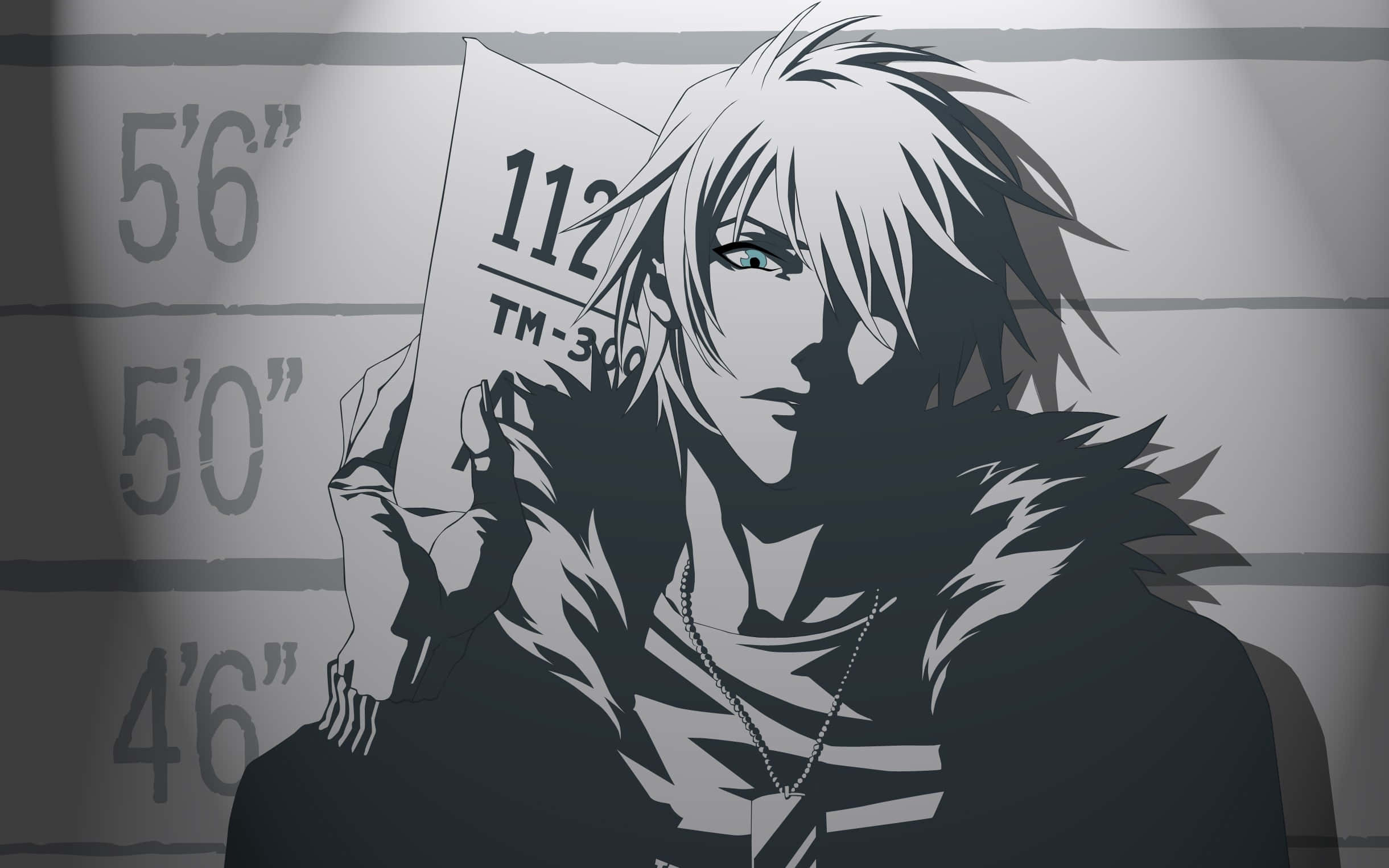 Epic Anime 桌布 壁紙 — 一個風格化的動漫角色，有著尖刺的白髮，站在身高圖表前，拿著一張類似大頭照的卡片。