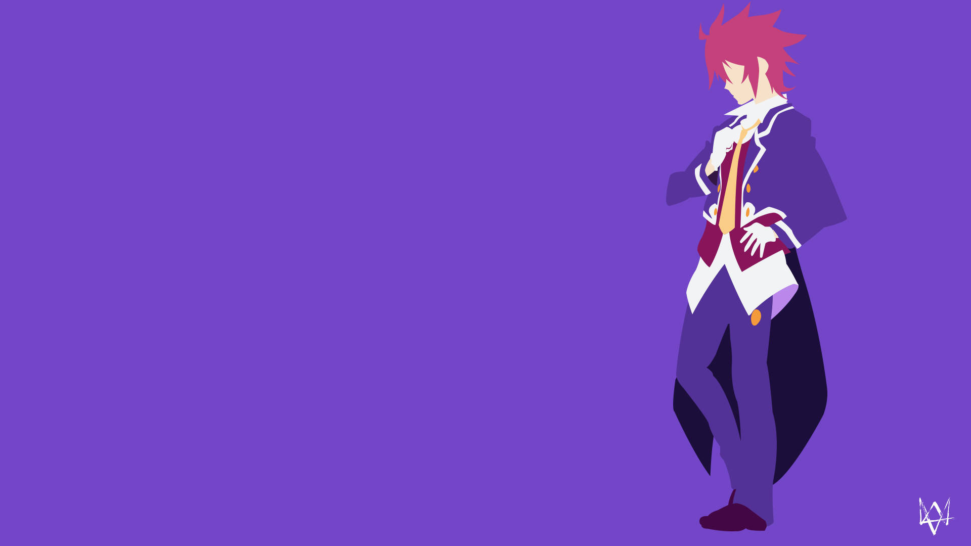 Minimalist Anime 桌布 壁紙 — 一個風格化的動漫角色，有著尖刺的紅髮，自信地穿著紫色外套，站在純紫色背景前。