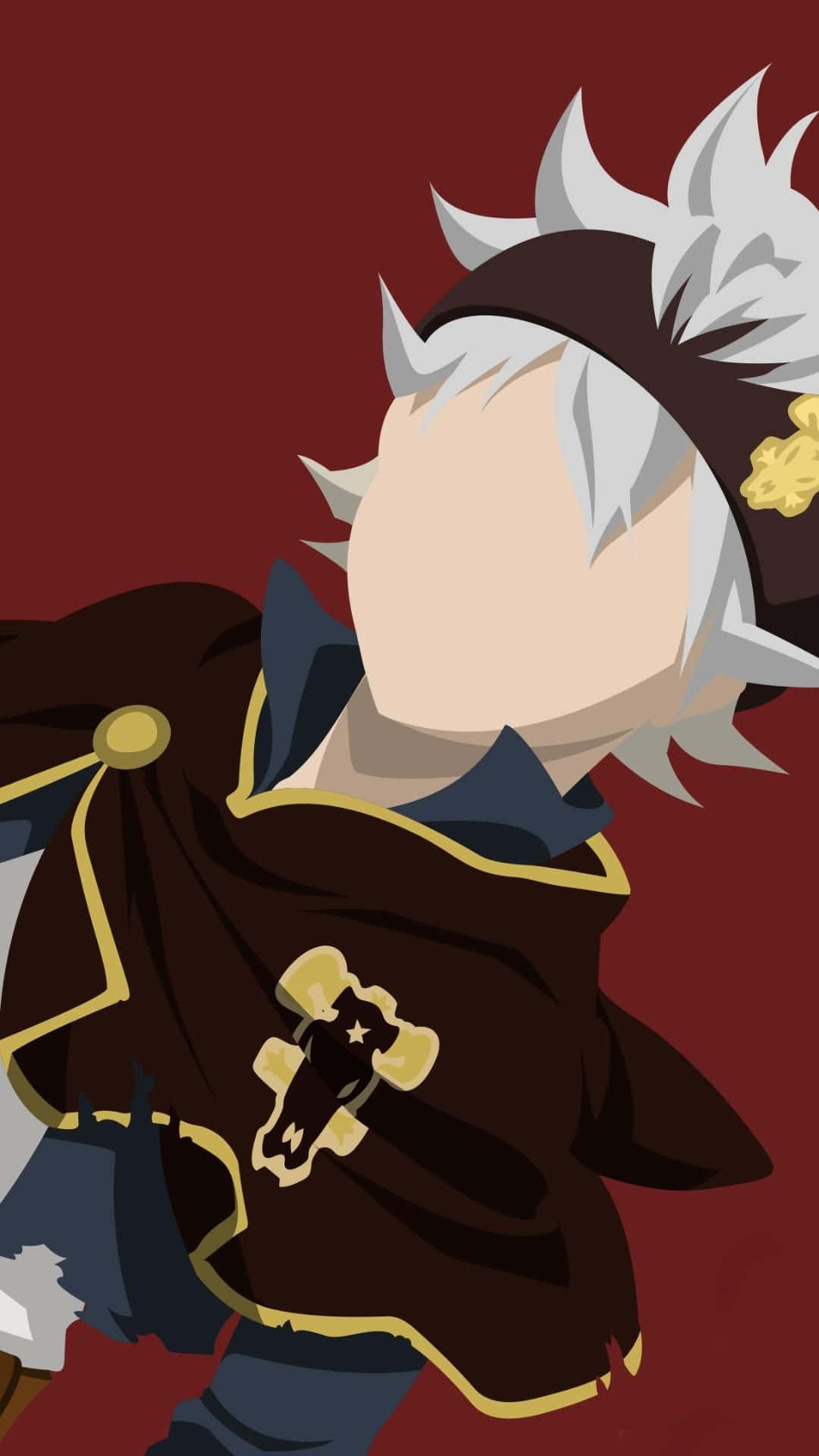 Black Clover Anime 桌布 壁紙 — 一個風格化的動漫角色，有著尖刺的白髮和一件帶金色飾邊的深棕色外套，站在深紅色背景前。