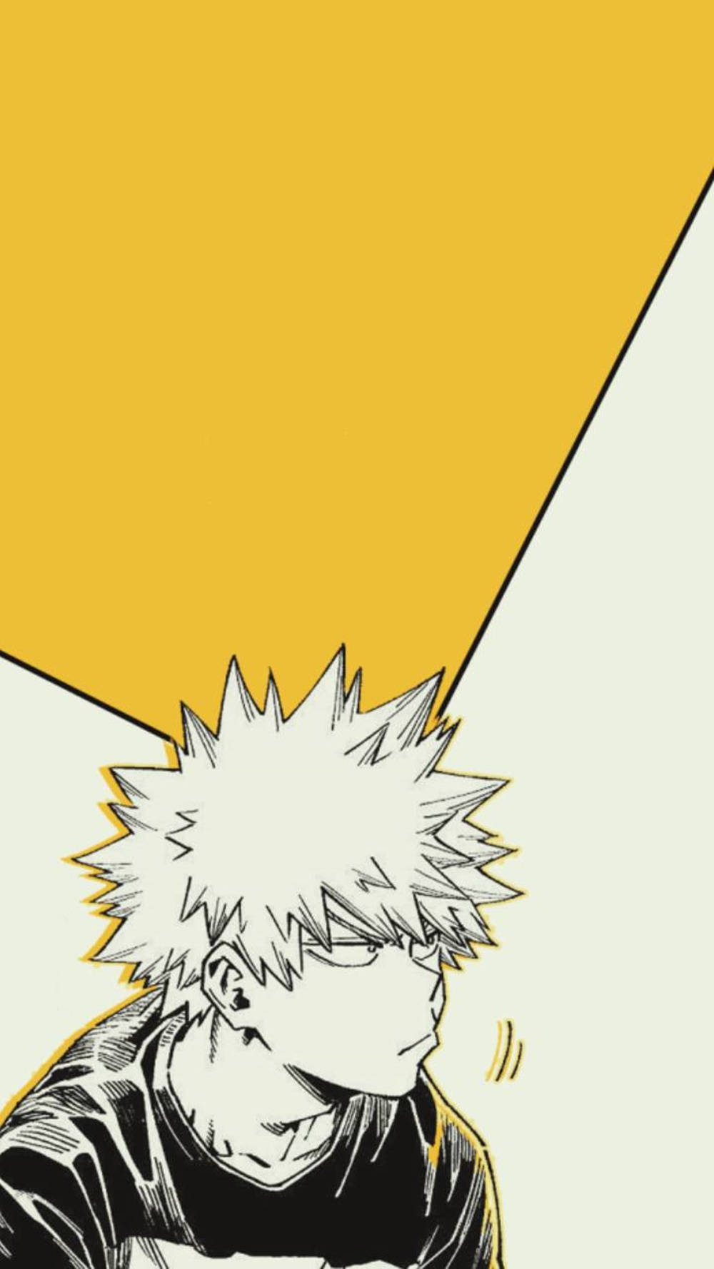 Cute Bakugou 桌布 壁紙 — 一個風格化的動漫角色，有著尖刺的白髮和眼鏡，在鮮明的黃色和奶油色背景上向下凝視。