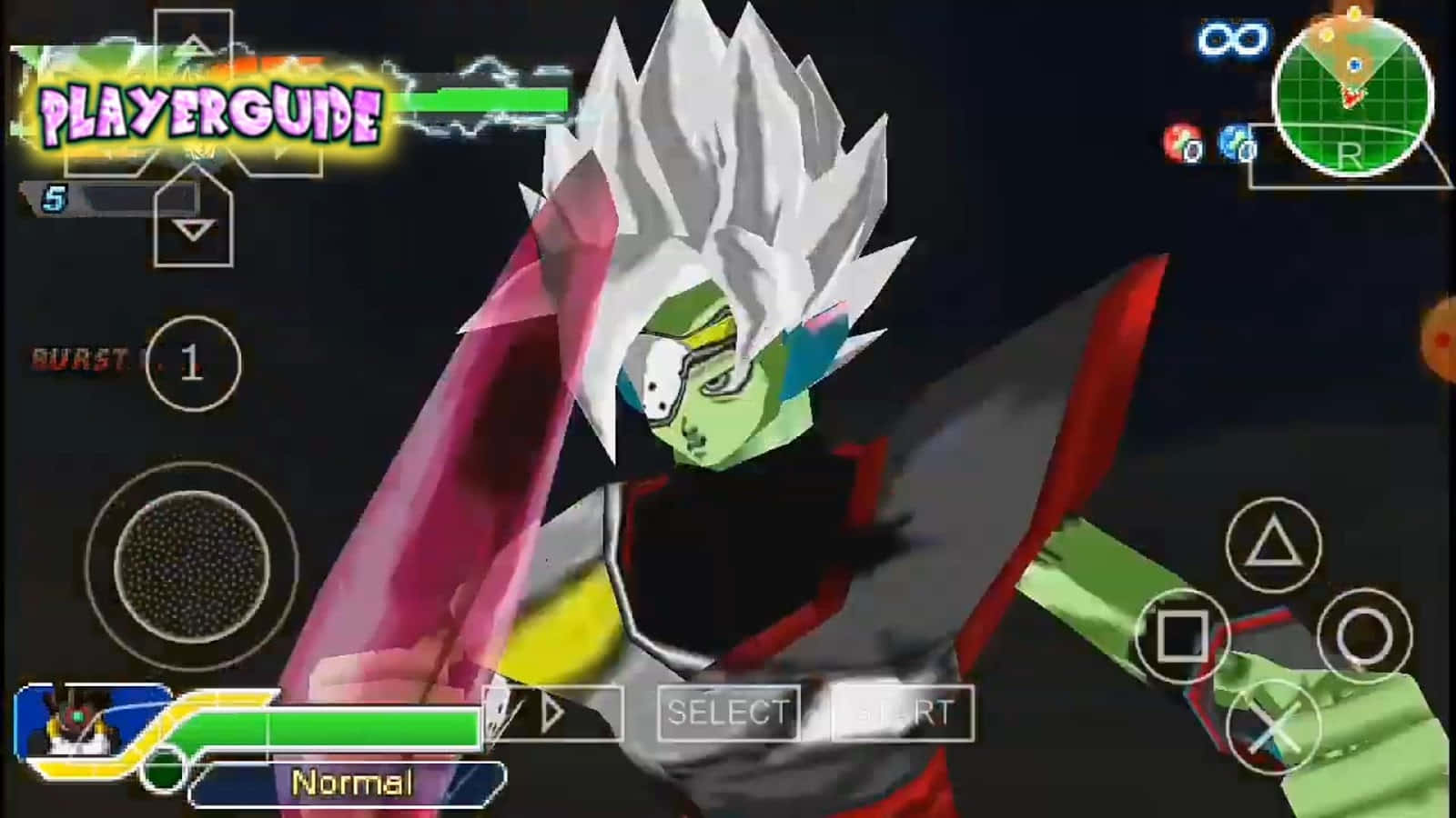 Dragon Ball Super Games 桌布 壁紙 — 一個風格化的動漫角色，有著尖刺的白髮和綠色皮膚，在電子遊戲介面中揮舞著發光的粉紅色劍。