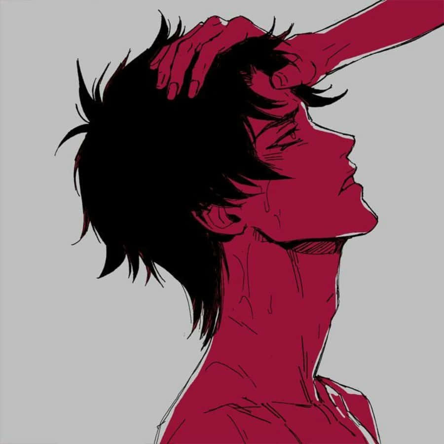 Devilman Crybaby 桌布 壁紙 — 一個風格化的動漫角色，有著尖刺的黑髮和紅色皮膚，側面展示，手放在頭上，背景為灰色。