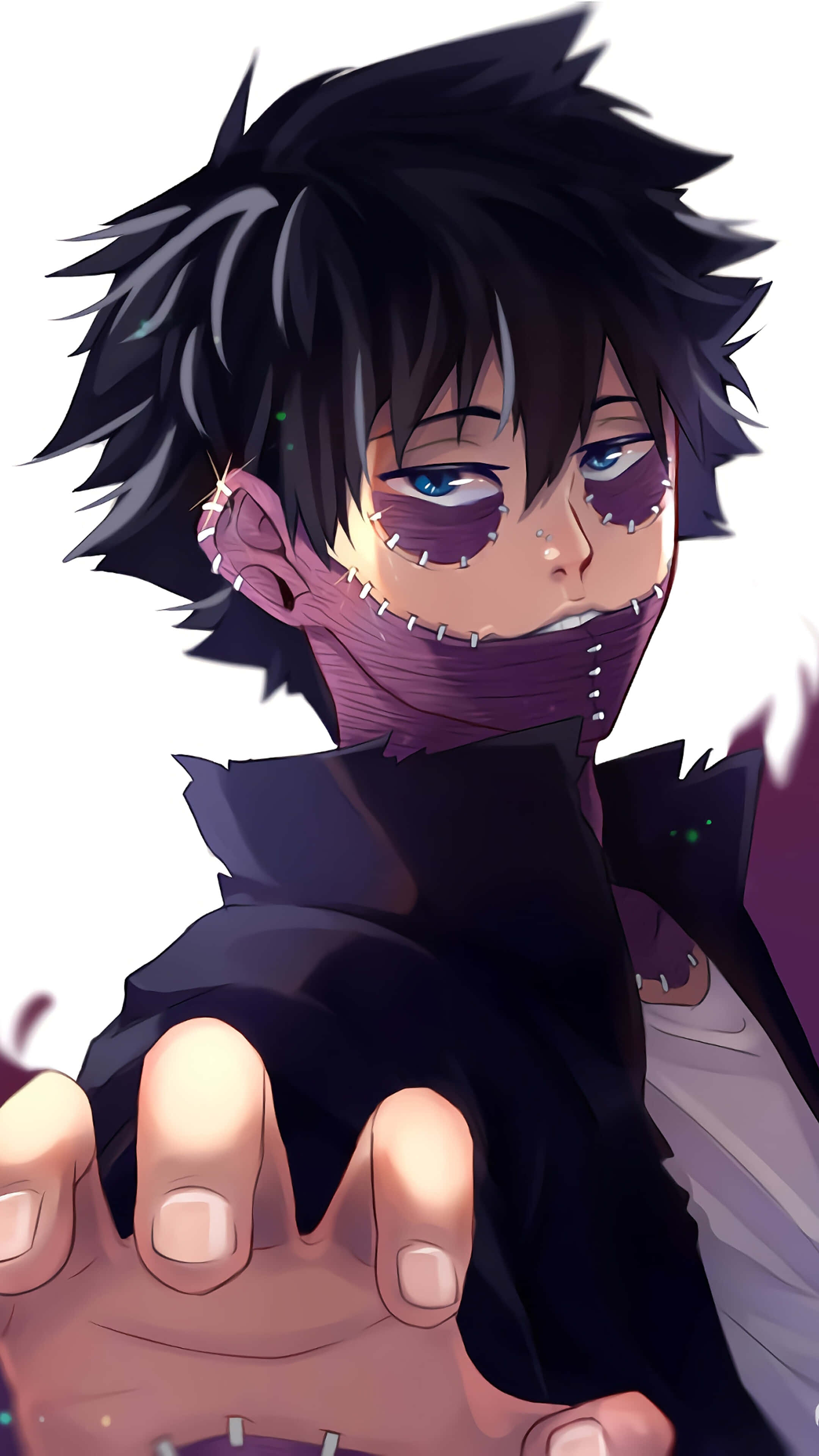 Dabi Boku No Hero 桌布 壁紙 — 一個風格化的動漫角色，有著尖刺的黑髮和紫色眼罩，縫合的嘴巴和繃帶纏繞的臉向前伸出手。