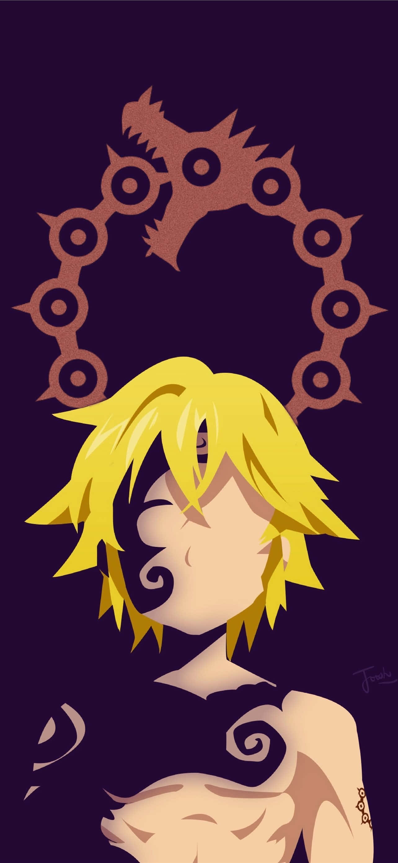 Seven Deadly Sins 4K 桌布 壁紙 — 一個風格化的動漫角色，有著尖刺的黃色頭髮和旋轉的紋身，在深紫色背景上，於龍形鏈條光環下向上凝視。