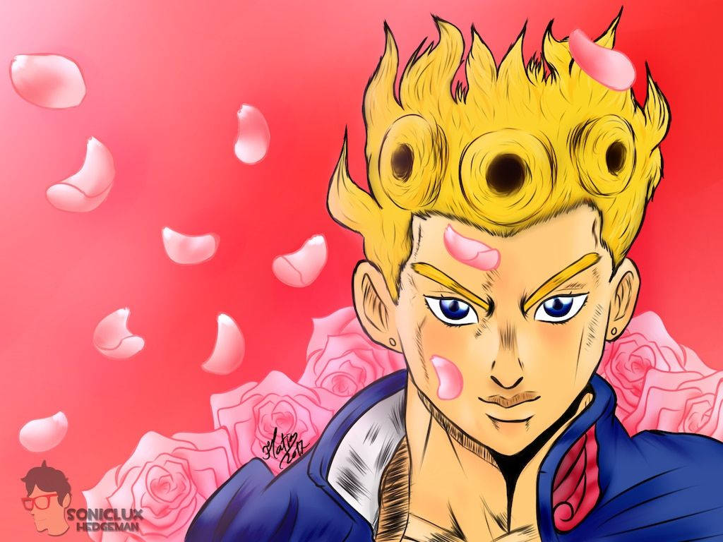 Giorno 桌布 壁紙 — 一個風格化的動漫角色，有著尖刺金髮和藍眼睛，站在鮮紅色背景前，周圍漂浮著粉紅玫瑰花瓣。
