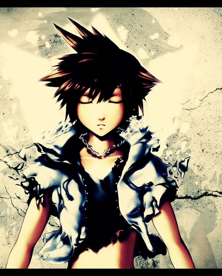 Kingdom Hearts Sora 桌布 壁紙 — 一個風格化的動漫角色，有著尖刺頭髮和閉上的眼睛，站在裂開的混凝土牆前，帶有戲劇性的燈光。