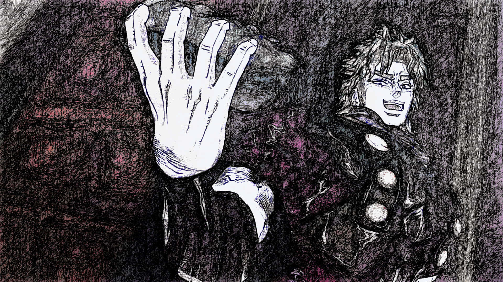 Dio Brando 桌布 壁紙 — 一個風格化的動漫角色，有著尖刺頭髮和深色服裝，在煙霧繚繞的紫色背景前舉起一隻發光的白色手掌。