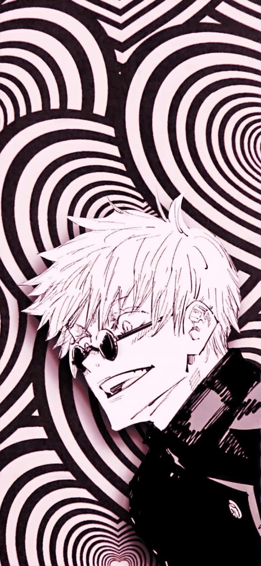 Black And White Anime Aesthetic 桌布 壁紙 — 一個風格化的動漫角色，有著尖刺頭髮和太陽眼鏡，在催眠般的黑白螺旋背景前微笑。