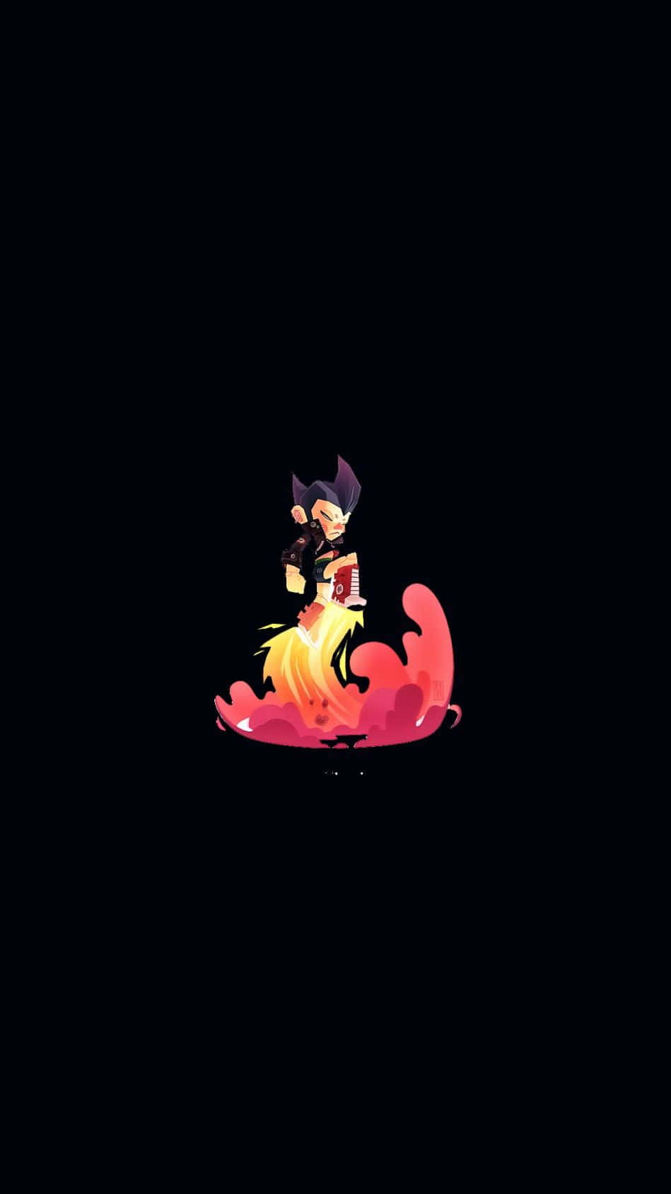 AMOLED 桌布 壁紙 — 一個風格化的動漫角色，有著尖刺頭髮，坐在黑色背景上的一個鮮豔火焰之上。