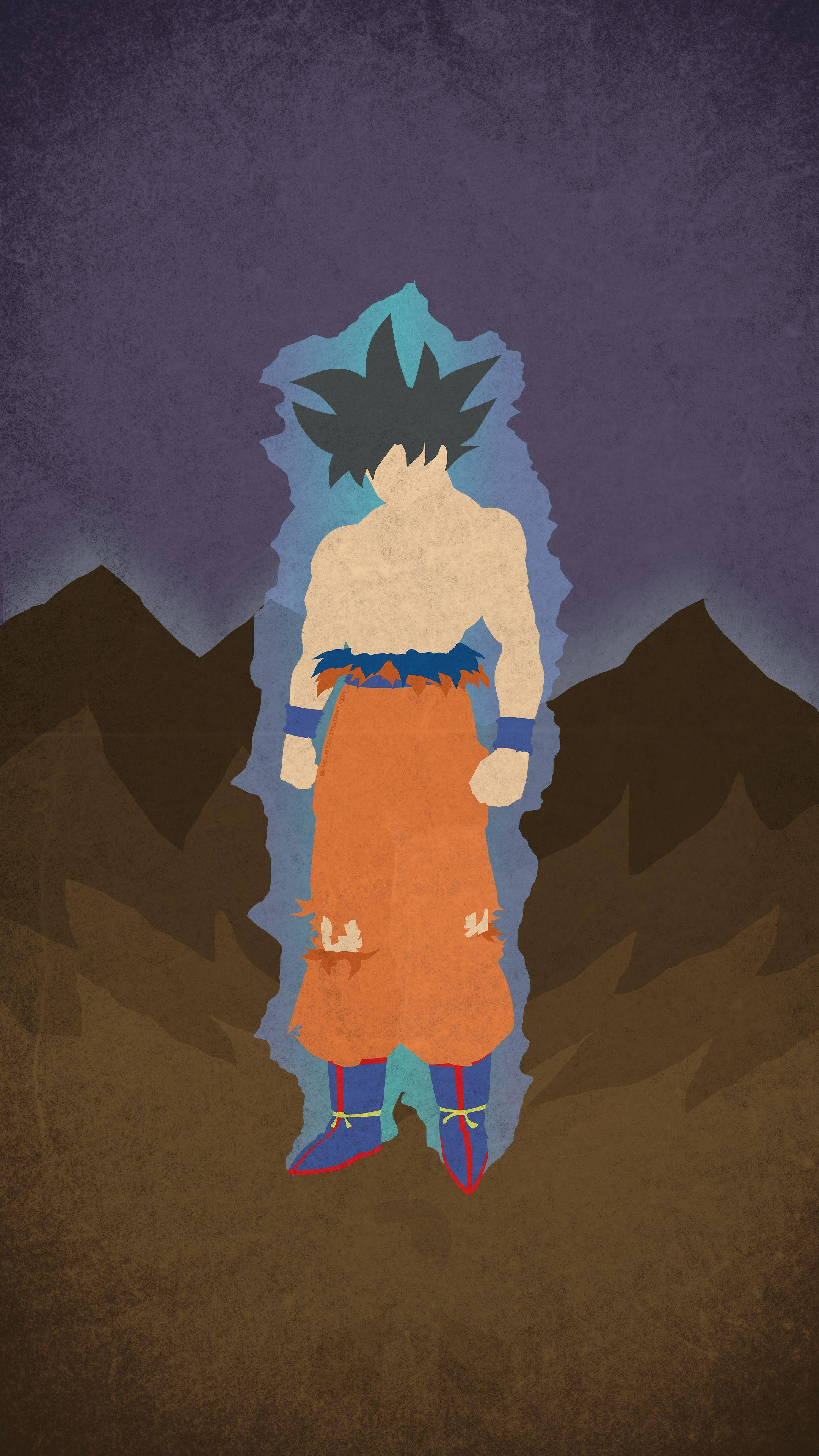 Ultra Instinct Goku 桌布 壁紙 — 一個風格化的動漫角色，有著尖刺頭髮和橙色褲子，在紫色天空下背光站在黑暗的山脈前。