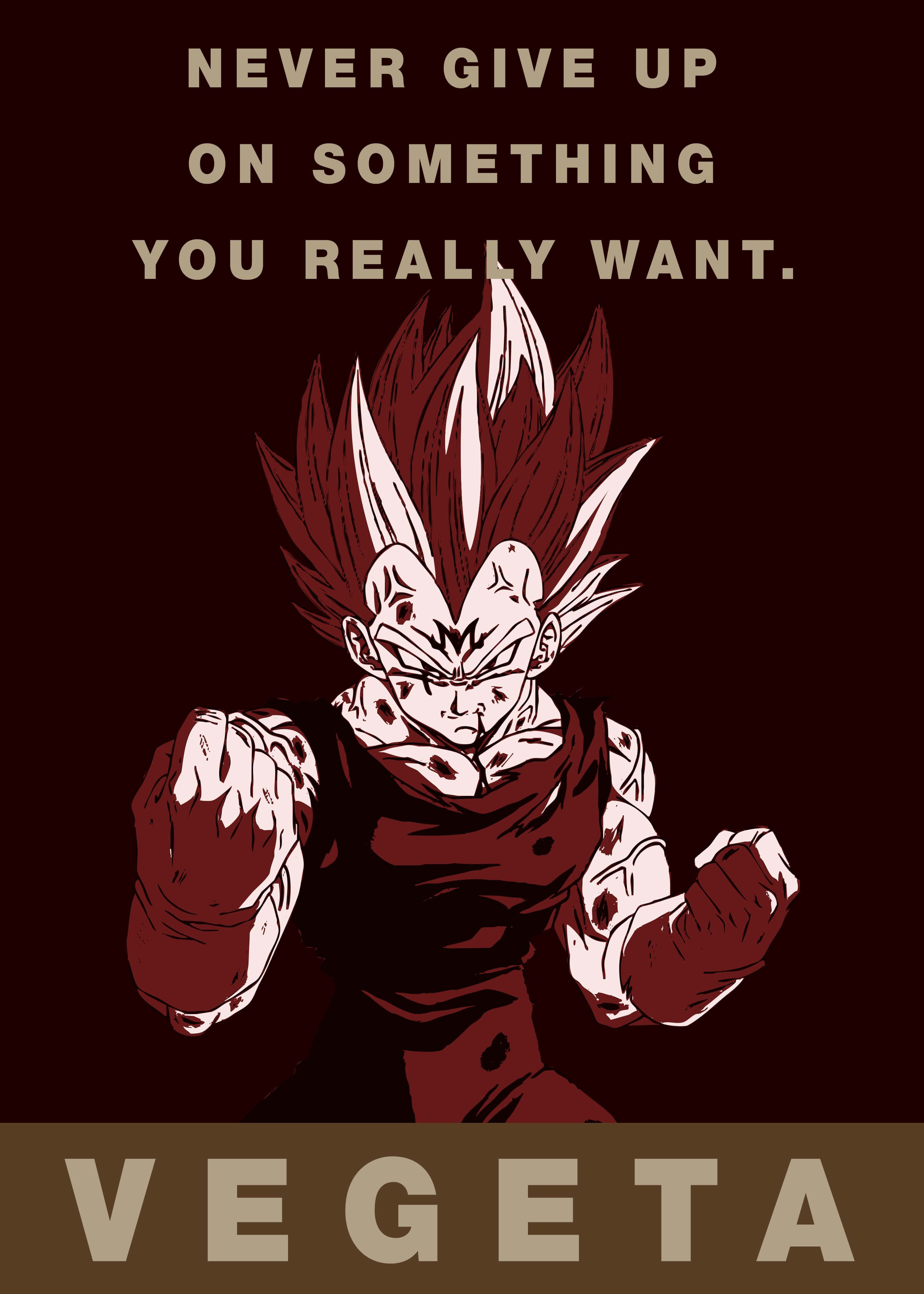 Vegeta Quotes 桌布 壁紙 — 一個風格化的動漫角色，有著尖刺頭髮和緊握的拳頭，站在深紅色背景前，帶有勵志文字。