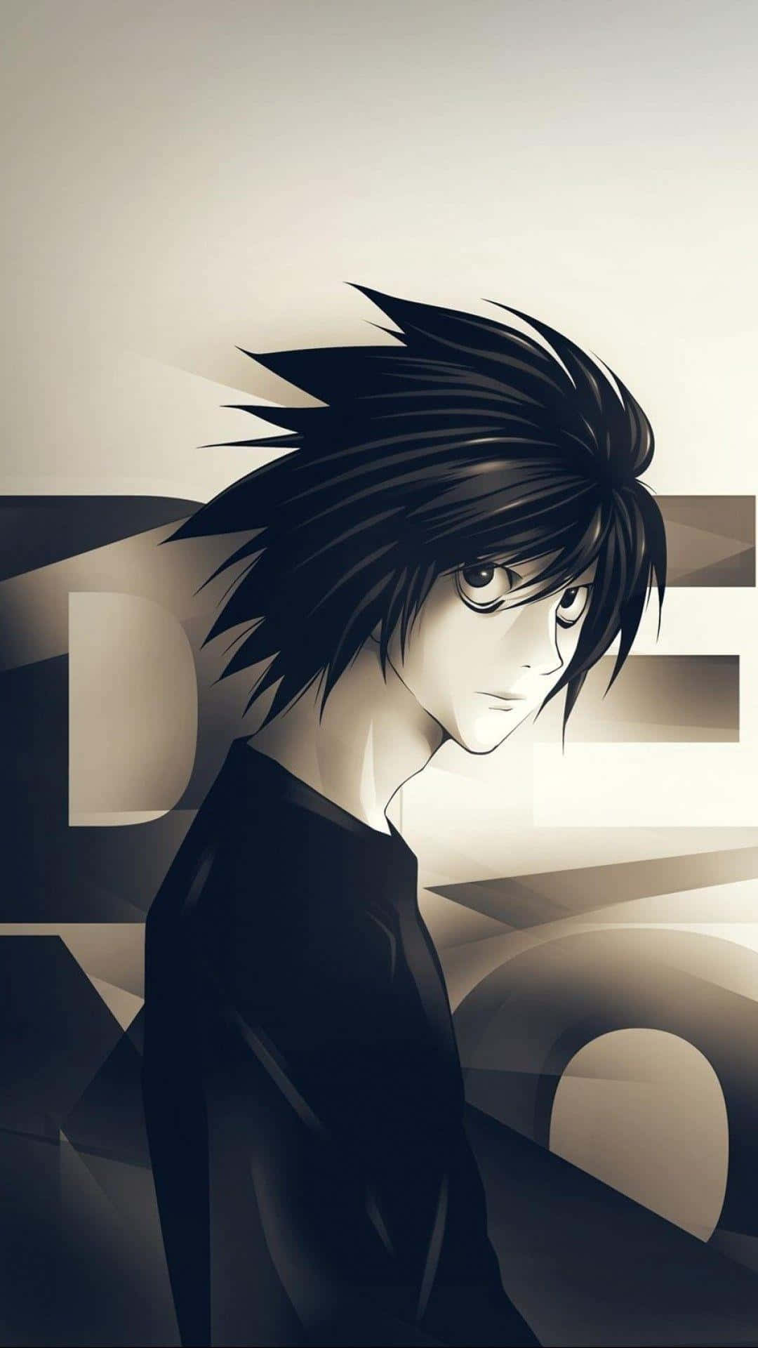 Sad Anime Death 桌布 壁紙 — 一個風格化的動漫角色，有著尖刺黑髮和銳利眼神，站在單色幾何背景前。