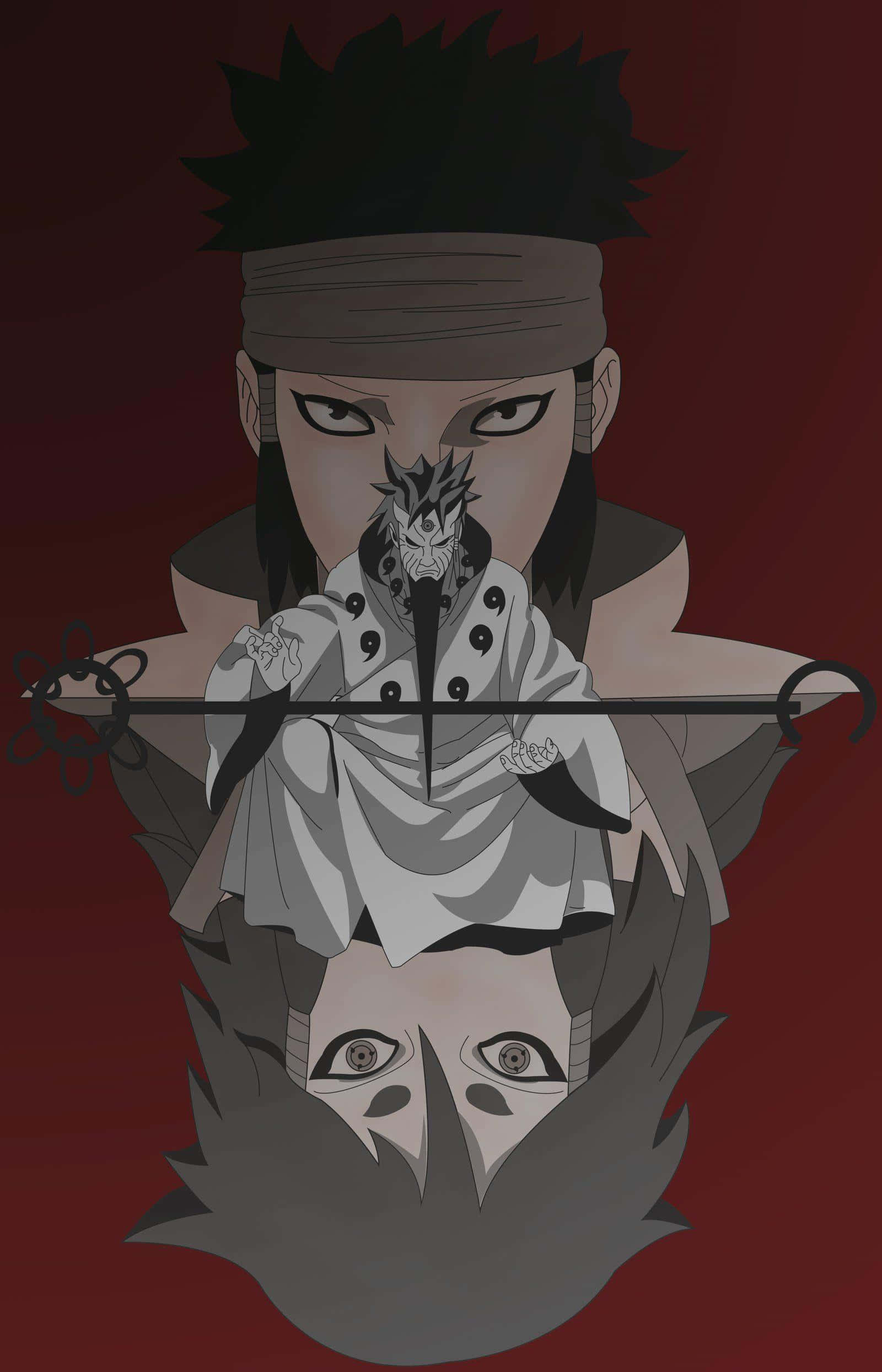 Asura ōtsutsuki 桌布 壁紙 — 一個風格化的動漫角色，有著尖刺黑髮和頭帶，在深紅色背景前持劍。