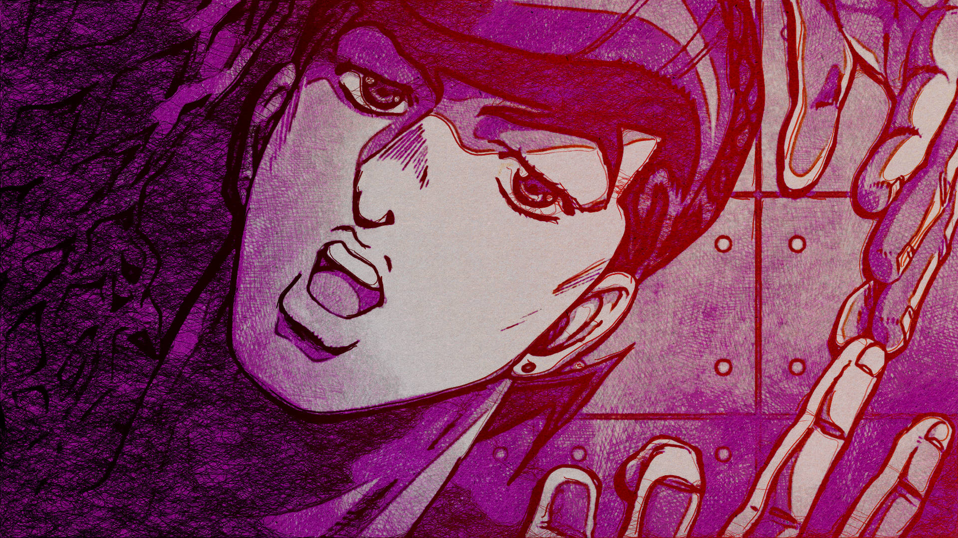 Josuke 桌布 壁紙 — 一個風格化的動漫角色，有著強烈的眼睛和張開的嘴巴，背景是帶有鎖鏈的紫色紋理背景。