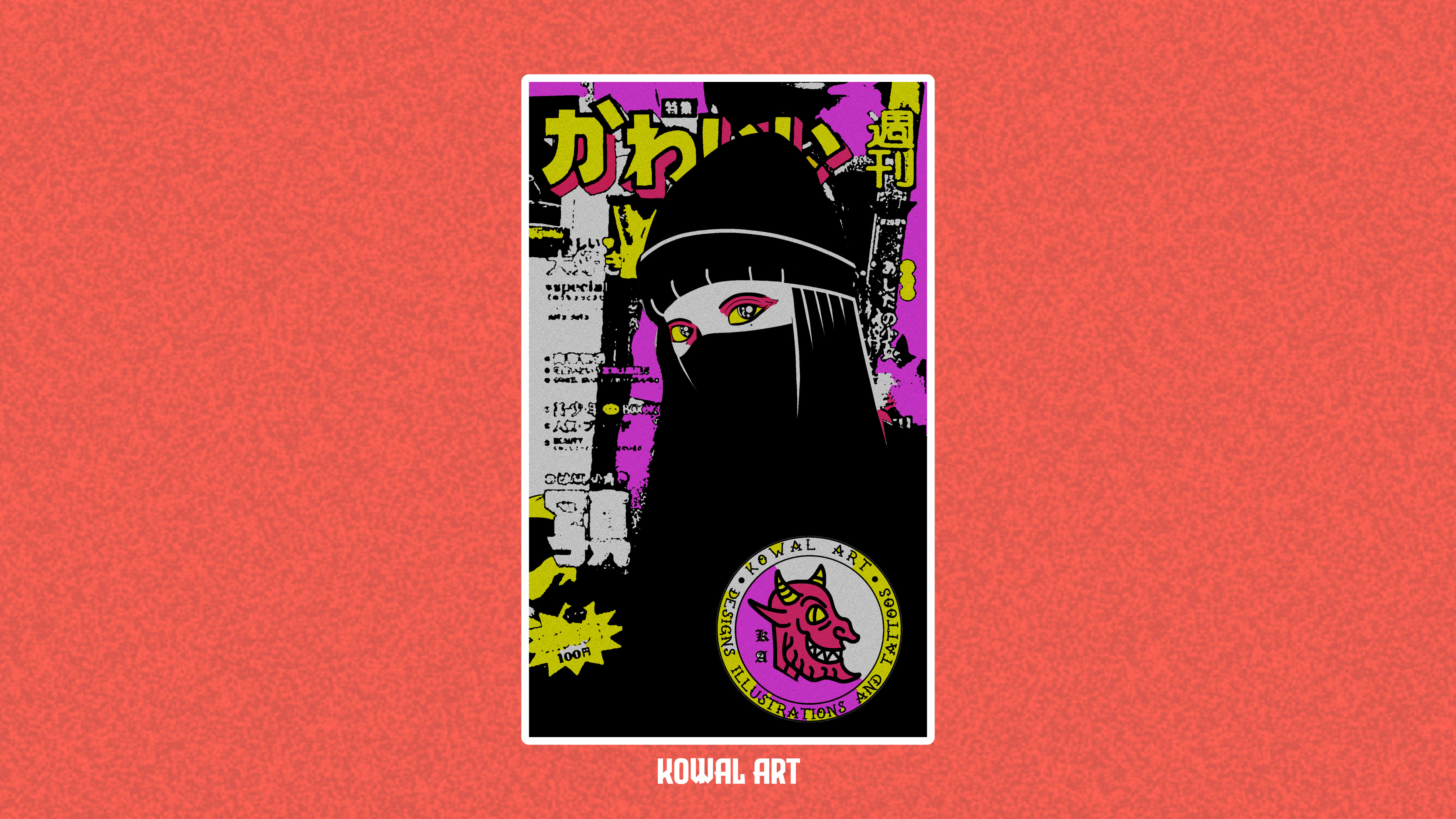 Japanese Pop Art 桌布 壁紙 — 一個風格化的動漫角色，有著發光的眼睛和黑色連帽衫，站在充滿活力的紫色和黃色漫畫海報前，背景是帶紋理的紅色。