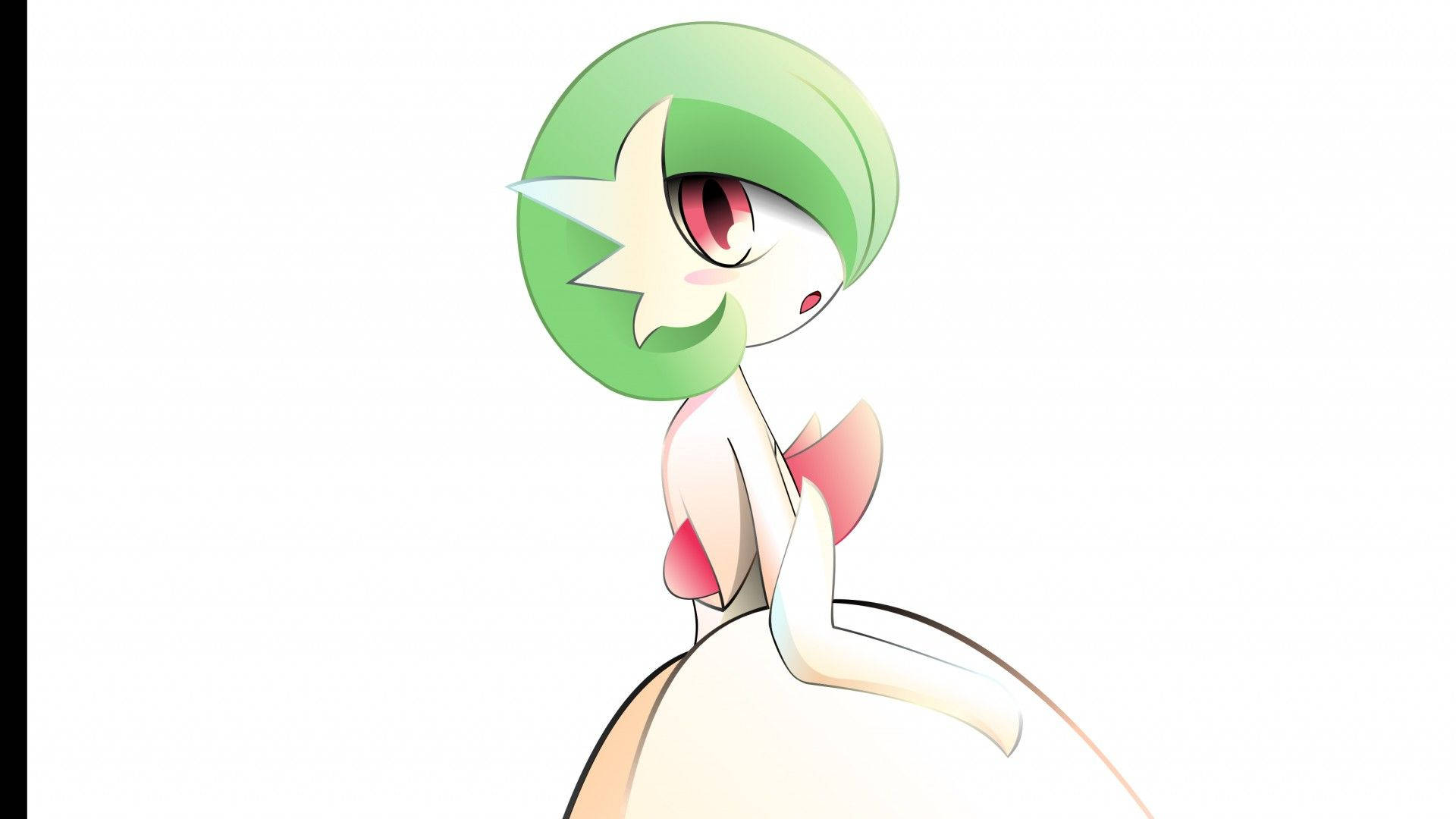 Gardevoir 桌布 壁紙 — 一個風格化的動漫角色，有著綠色葉狀頭部和紅色眼睛，在純白色背景前優雅地擺姿勢。