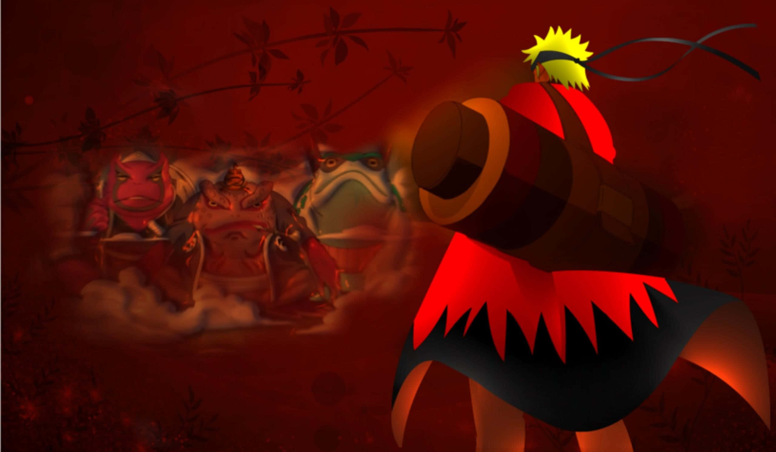 Naruto Sage Mode 桌布 壁紙 — 一個風格化的動漫角色，有著黃色刺蝟頭和紅色斗篷，站在紅色背景前，背景中有三個怪物般的身影從煙霧中出現。