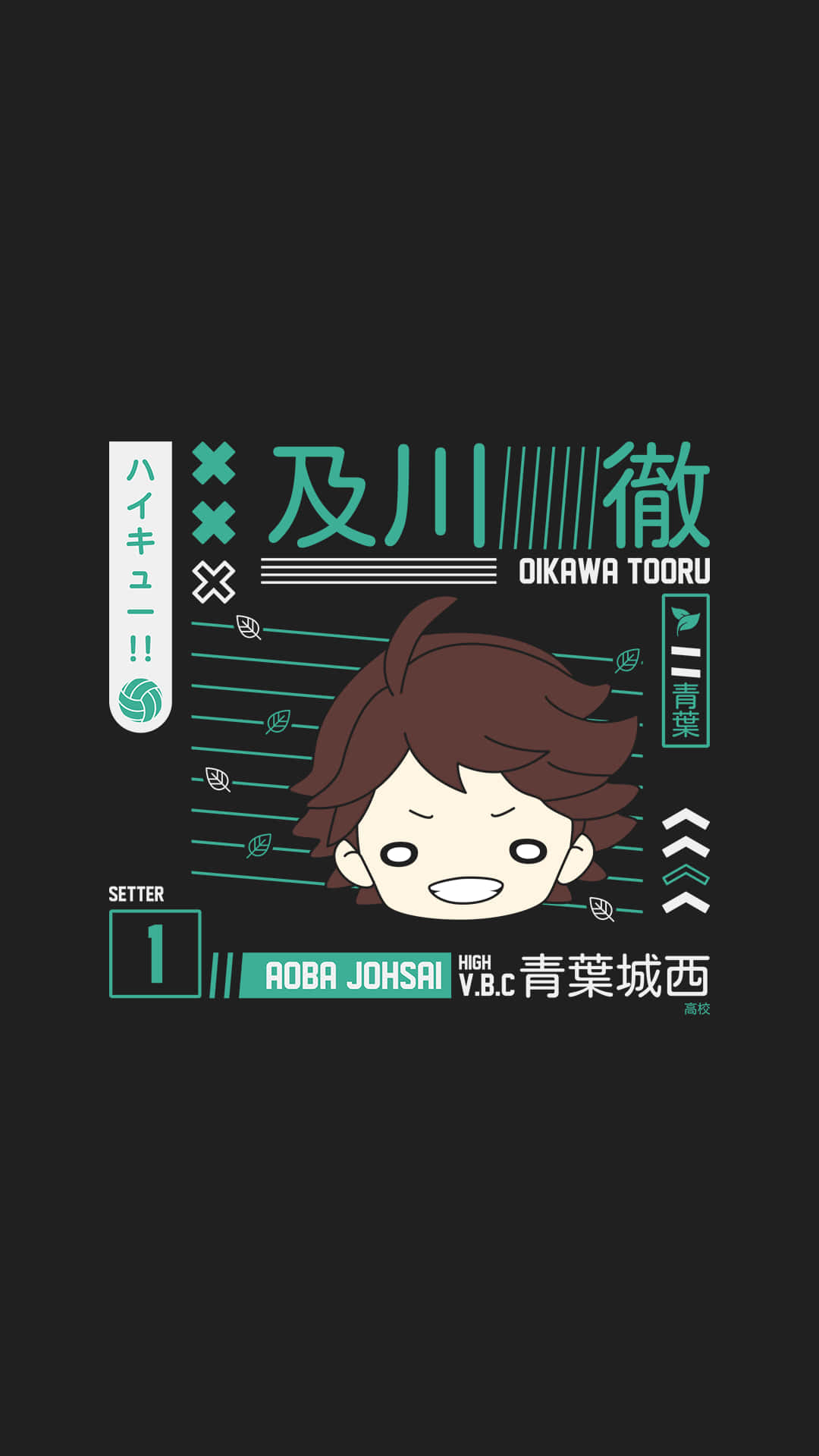 Aoba Johsai 桌布 壁紙 — 一個風格化的動漫角色，棕色頭髮，表情愉快，背景為深色，帶有青綠色文字和排球主題圖形。