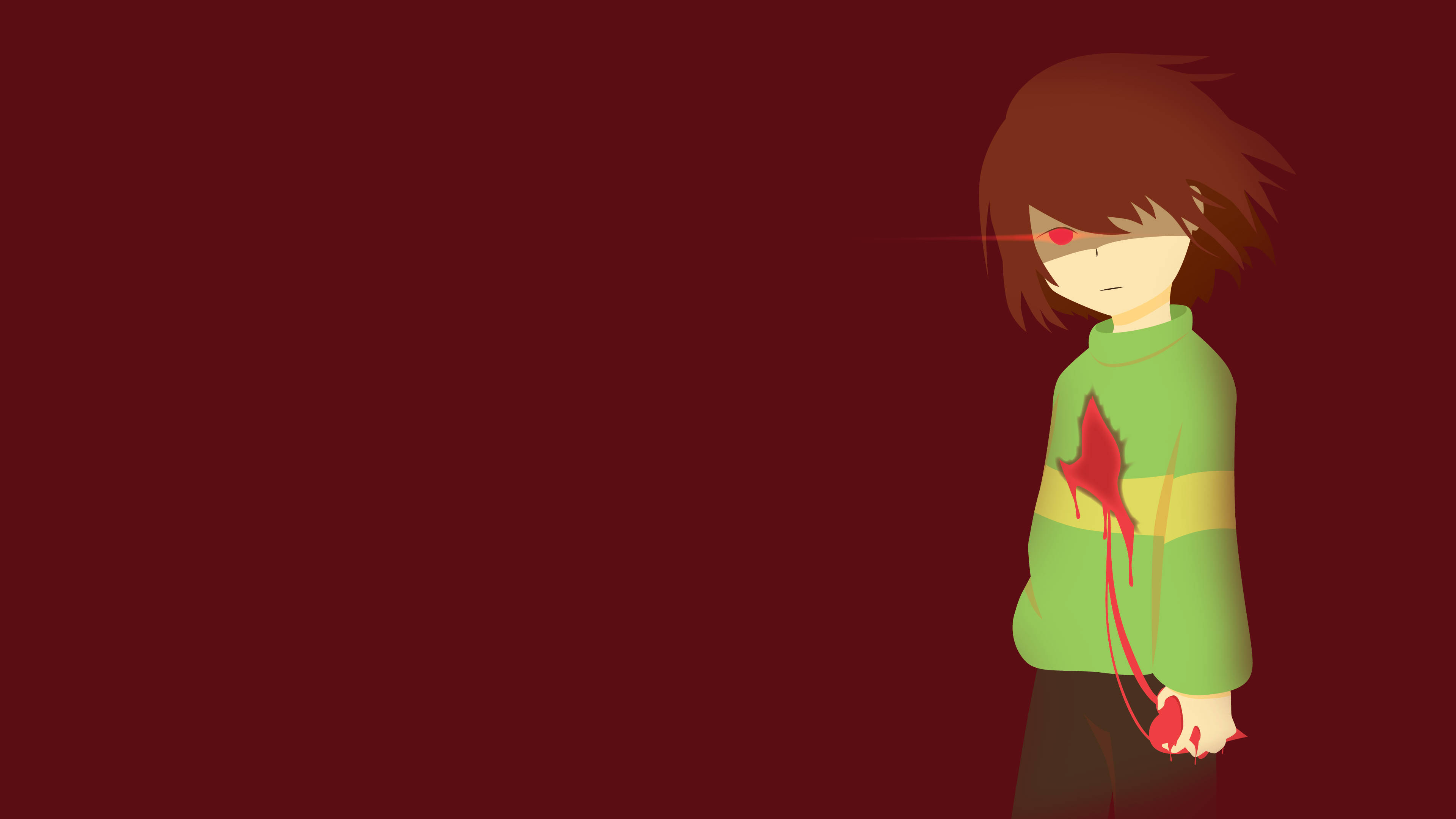Deltarune 桌布 壁紙 — 一個風格化的動漫角色，棕色頭髮和紅色眼睛，站在深紅色背景前，穿著一件沾有紅色液體的綠色毛衣。