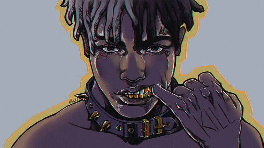 酷酷的xxxtentacion 桌布 壁紙 — 一個風格化的動漫角色，深色皮膚和金牙，指著他們的嘴巴，背景是淡藍色。