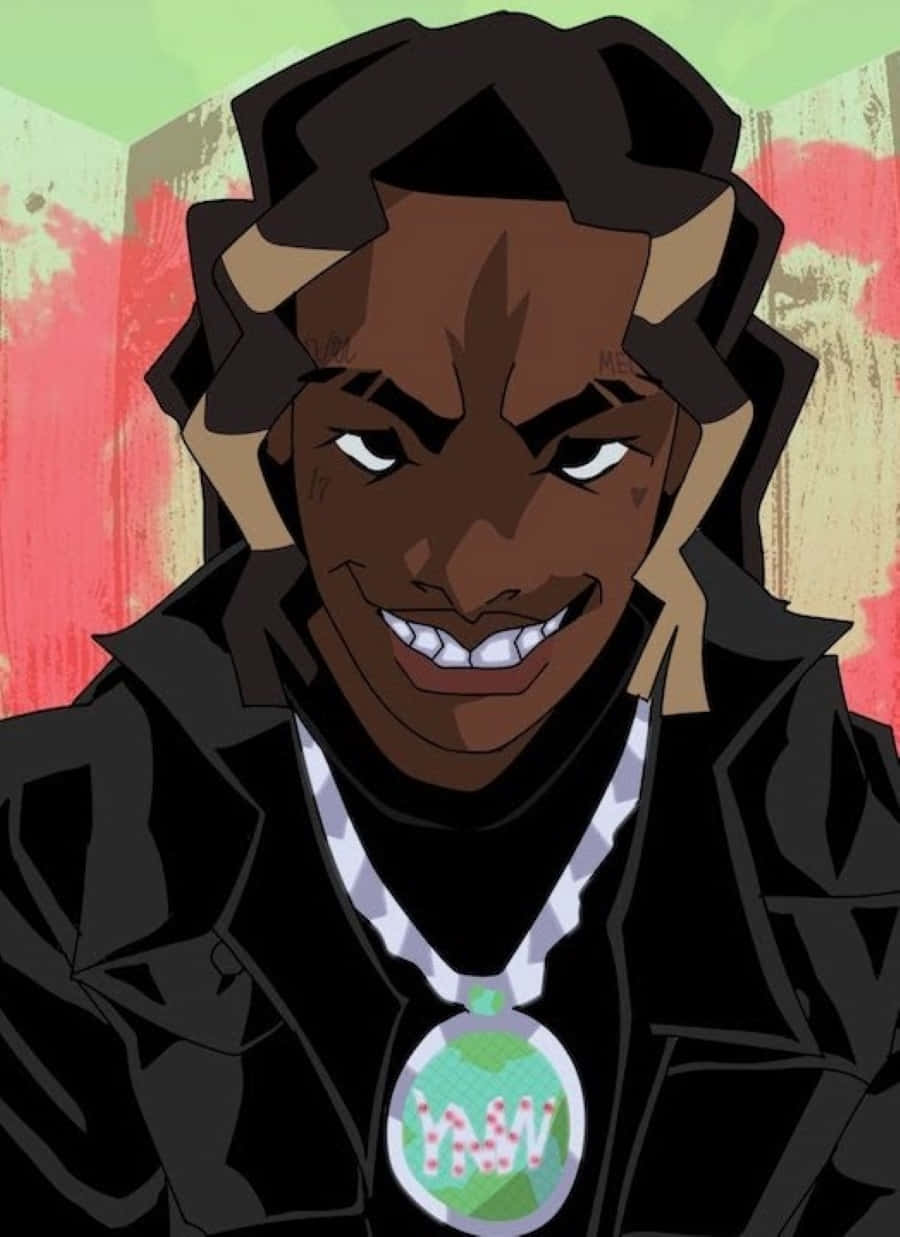 Ynw Melly Cartoon 桌布 壁紙 — 一個風格化的動漫角色，深色皮膚和辮子頭髮，穿著黑色外套和地球吊墜，兇猛微笑。