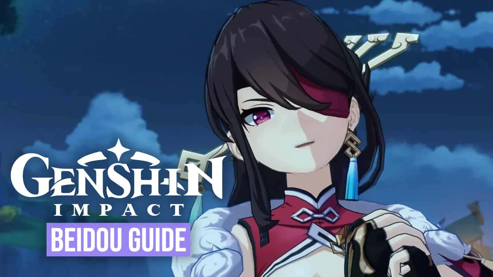 Genshin Impact Beidou 桌布 壁紙 — 一個風格化的動漫角色，深色頭髮，紅色眼罩，站在暮色天空下，帶有遊戲標題文字疊加。