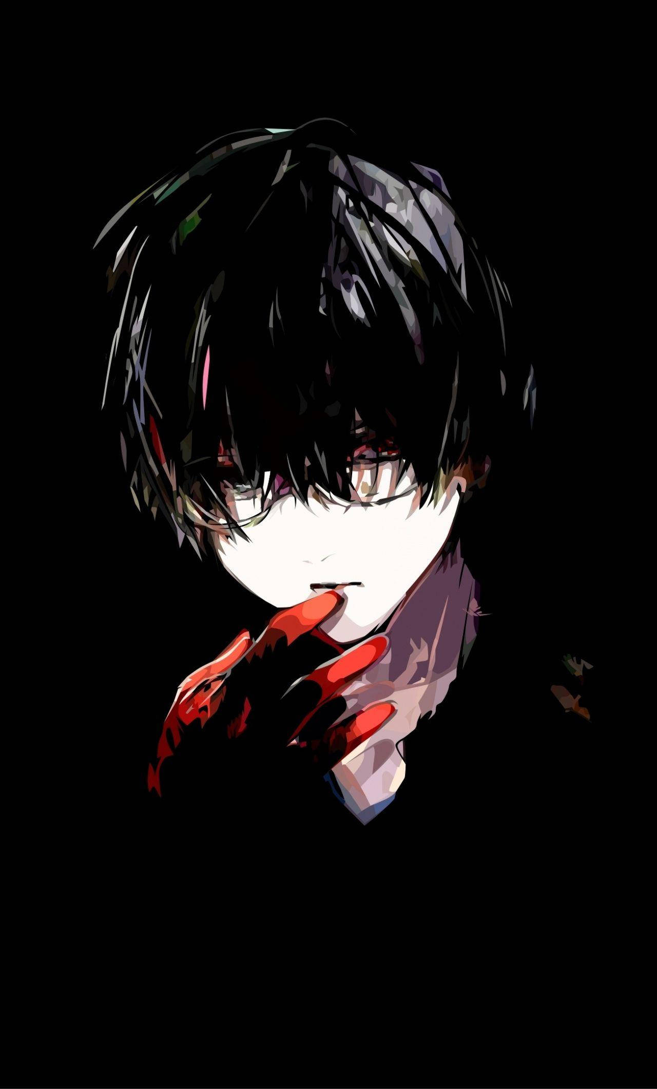 憂鬱動漫男孩 桌布 壁紙 — 一個風格化的動漫角色，深色頭髮，戴紅色手套的手遮住嘴巴，背景為黑色。