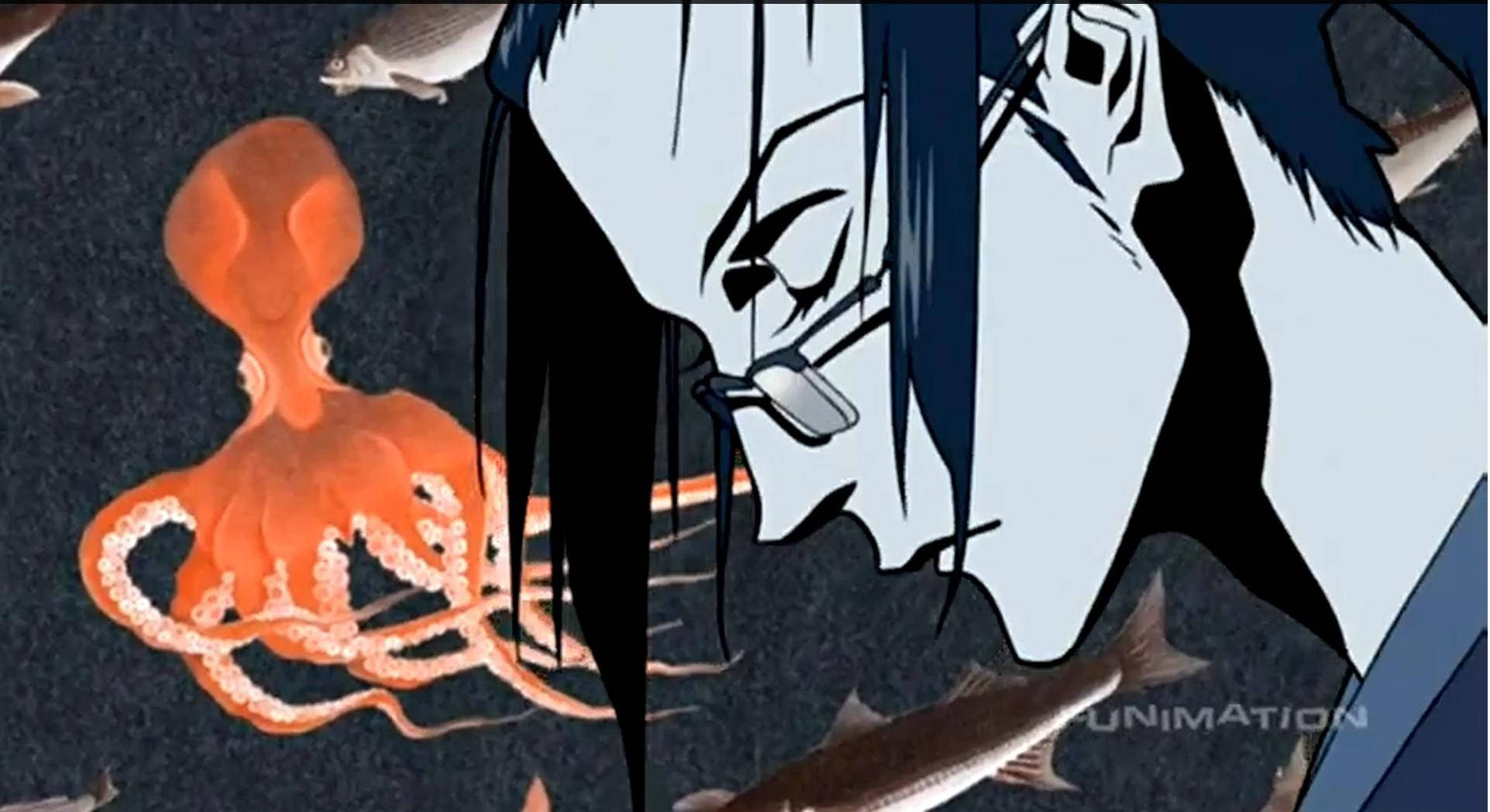 Samurai Champloo 桌布 壁紙 — 一個風格化的動漫角色，深色頭髮，在深海場景中俯視旁邊發光的橙色章魚。