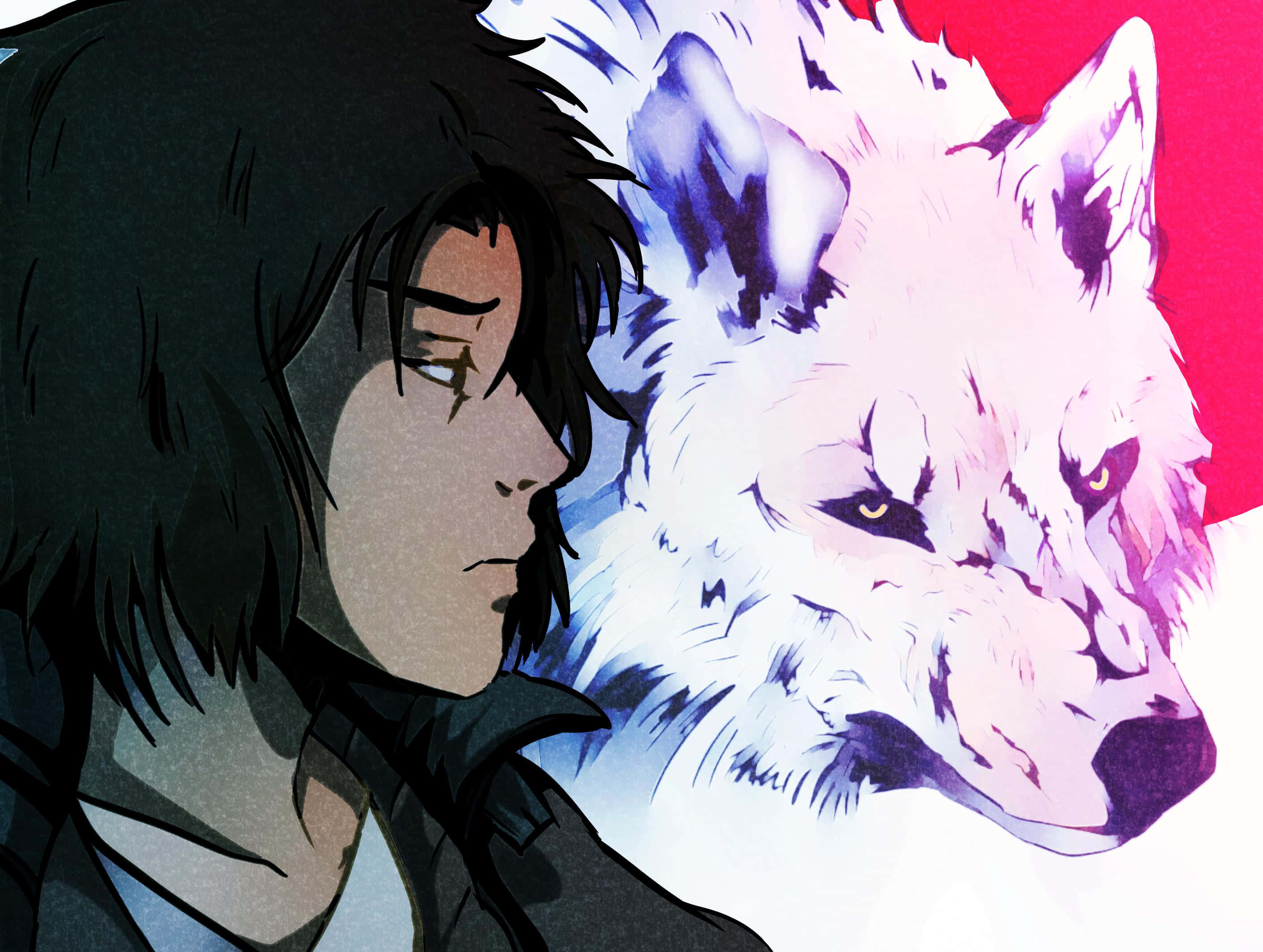 Wolf's Rain Kiba 桌布 壁紙 — 一個風格化的動漫角色，深色頭髮，在鮮紅色背景旁凝視著一隻眼睛發光的白狼。