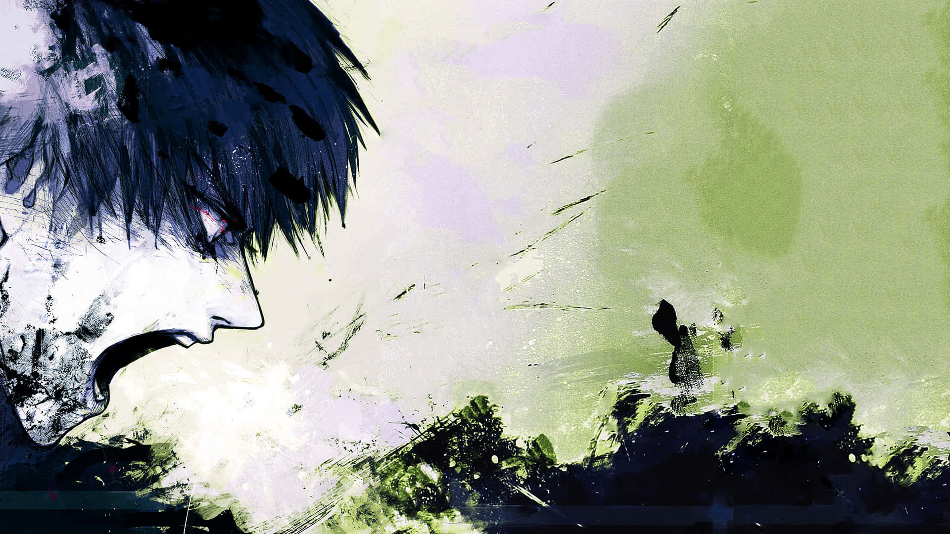 Sui Ishida 桌布 壁紙 — 一個風格化的動漫角色，深色頭髮，目光銳利，背景是帶有紋理的綠色和紫色。