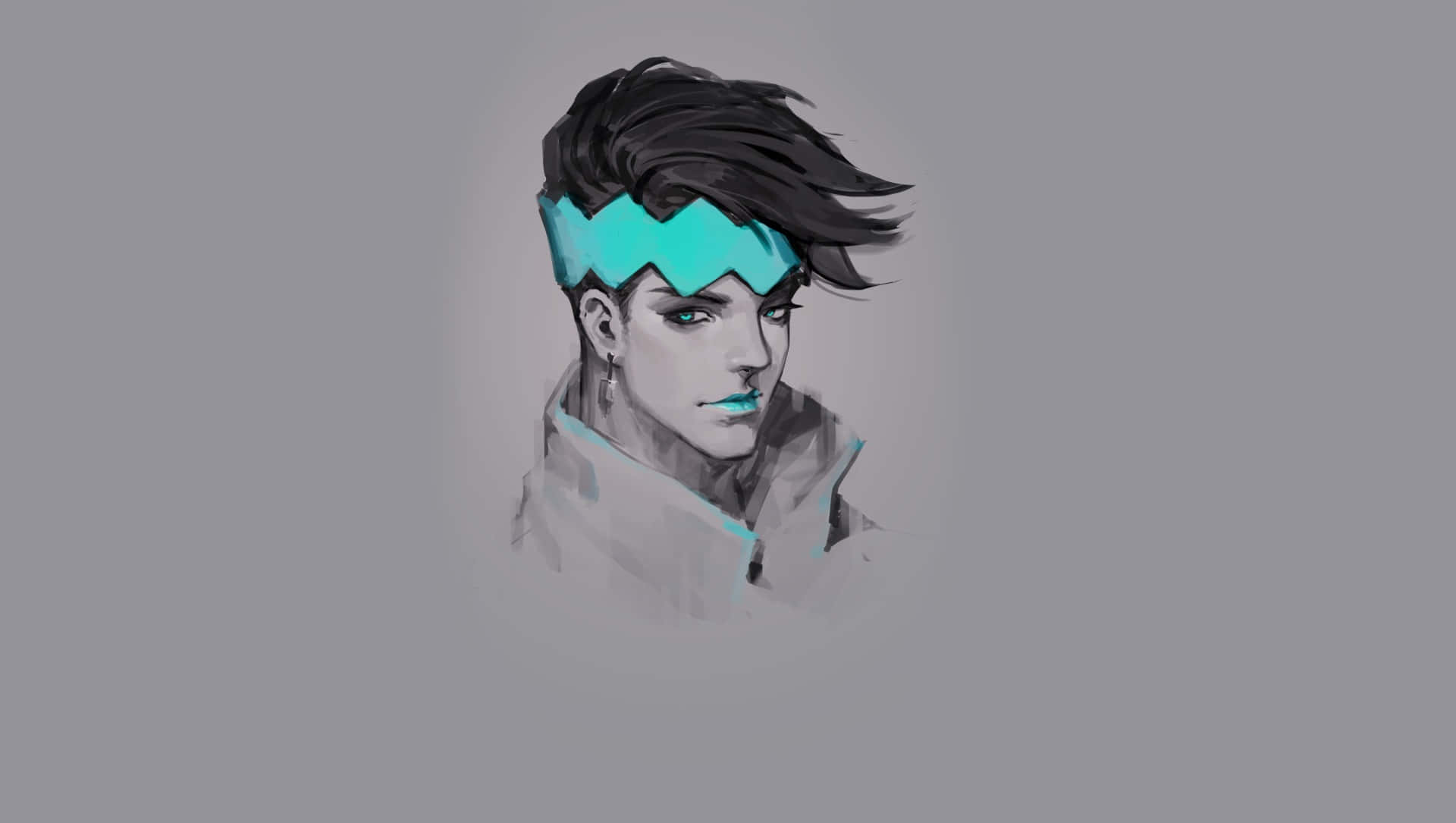 Rohan Kishibe 桌布 壁紙 — 一個風格化的動漫角色，深色頭髮，戴著藍綠色鋸齒狀頭帶，在柔和的灰色背景上凝視著。