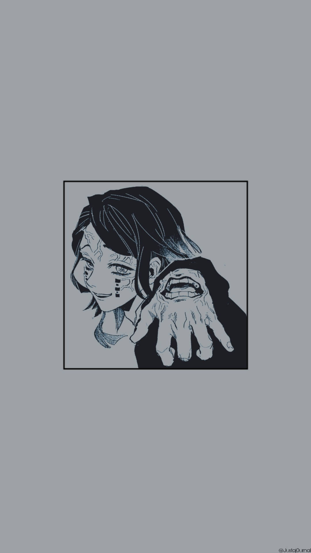 Demon Slayer Black And White 桌布 壁紙 — 一個風格化的動漫角色，深色頭髮和臉部標記，在柔和的灰色背景上握著一隻怪誕的手。