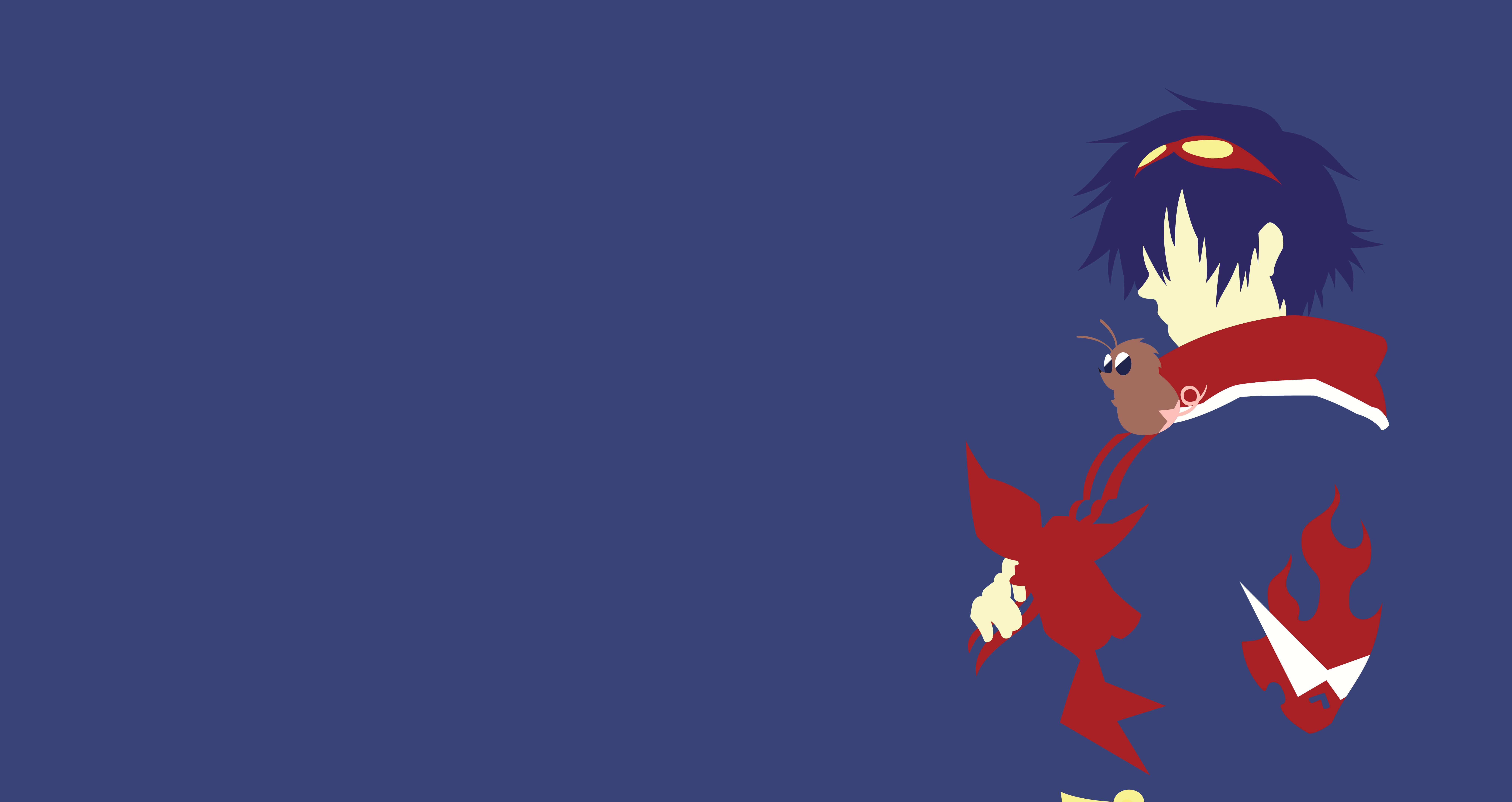Gurren Lagann Simon 桌布 壁紙 — 一個風格化的動漫角色，深色頭髮和紅色圍巾，站在帶有火焰圖案的純藍色背景前。