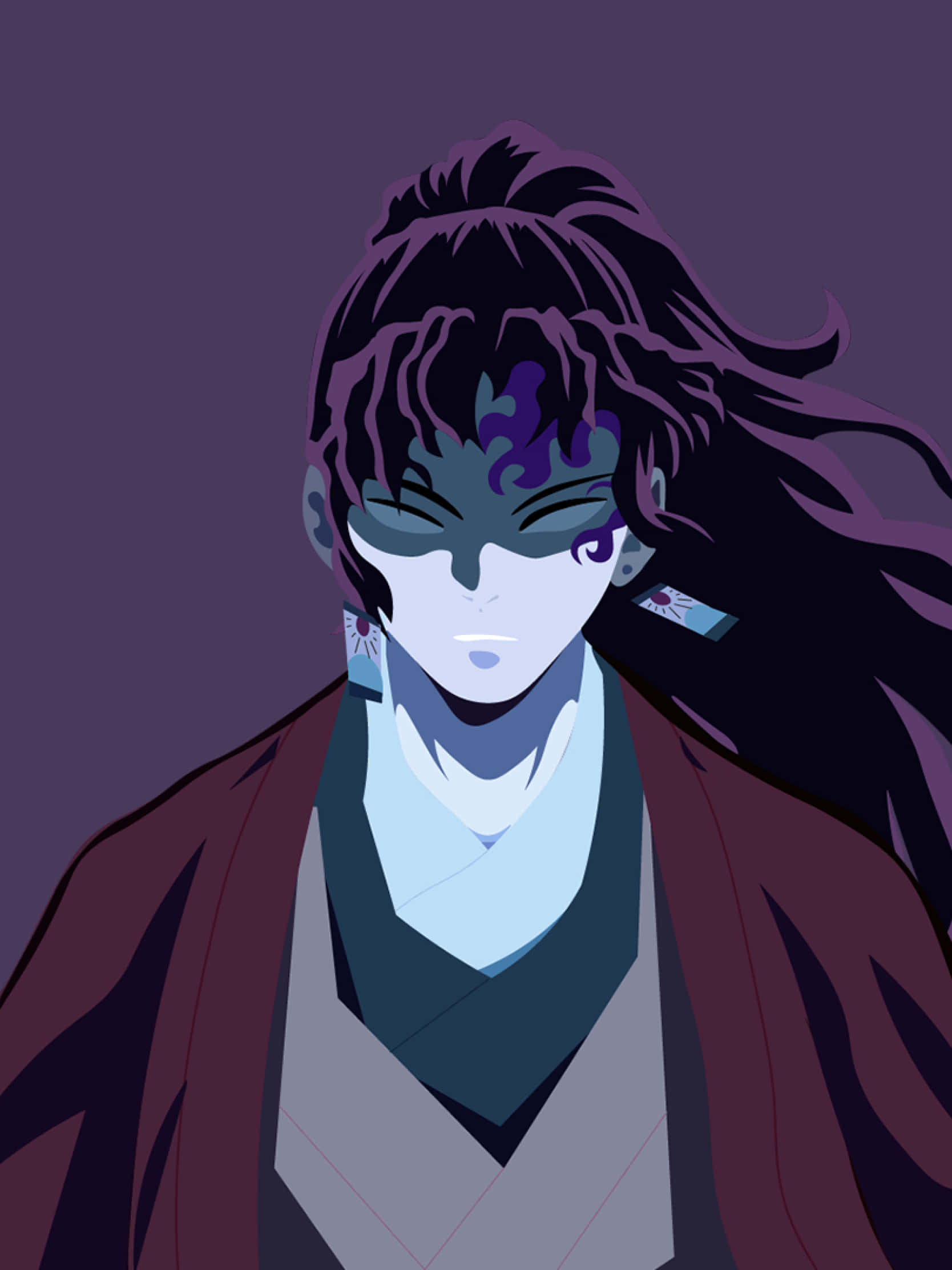Yoriichi Tsugikuni 桌布 壁紙 — 一個風格化的動漫角色，深色頭髮和紫色標記，在深紫色背景前凝視前方。