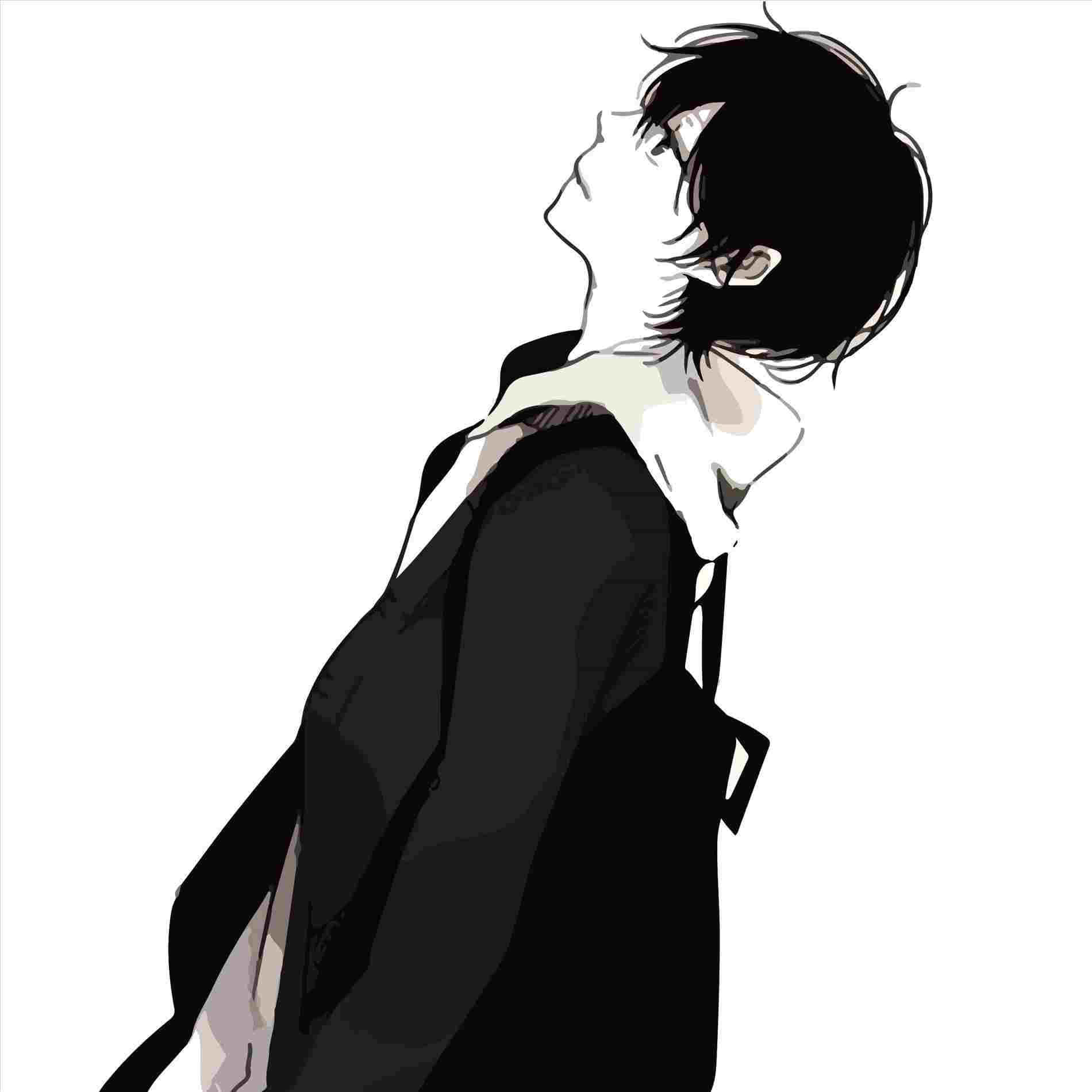 Broken Heart Anime 桌布 壁紙 — 一個風格化的動漫角色，深色頭髮和黑色外套，在純白背景上向上凝視。