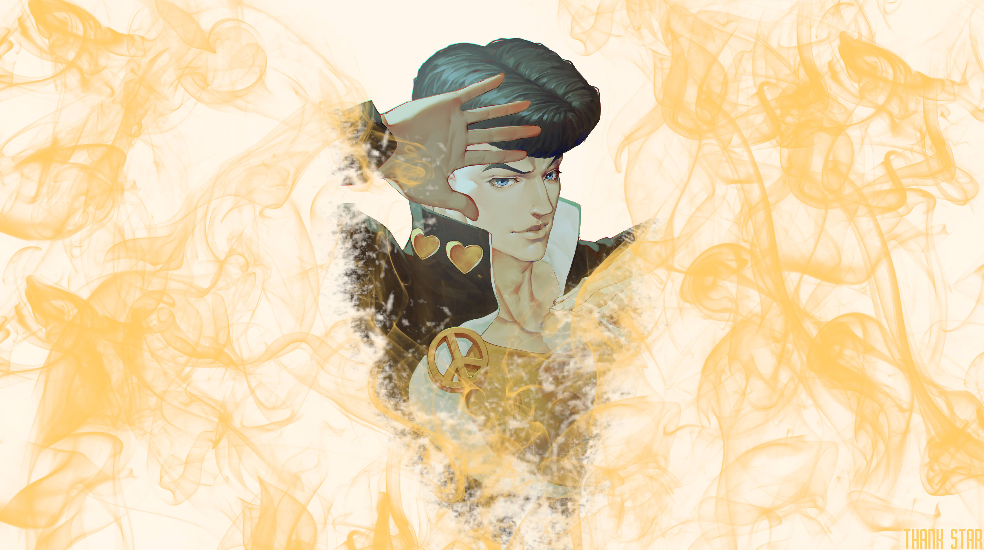 Josuke 桌布 壁紙 — 一個風格化的動漫角色，深色頭髮和藍色眼睛，從蒼白背景上旋轉的金色煙霧中浮現。