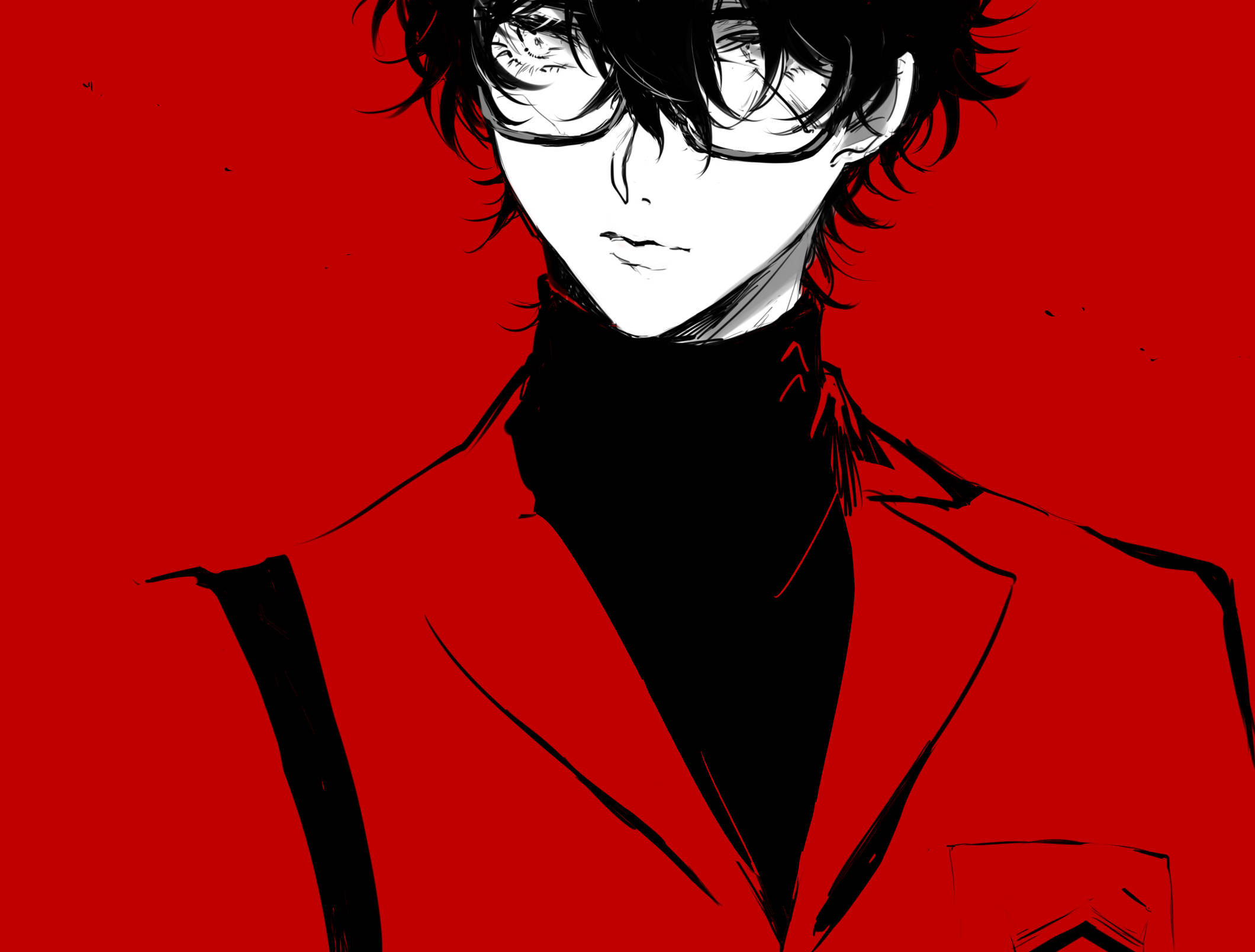 ren amamiya 桌布 壁紙 — 一個風格化的動漫角色，深色頭髮戴眼鏡，穿著紅色西裝，背景為純紅色。