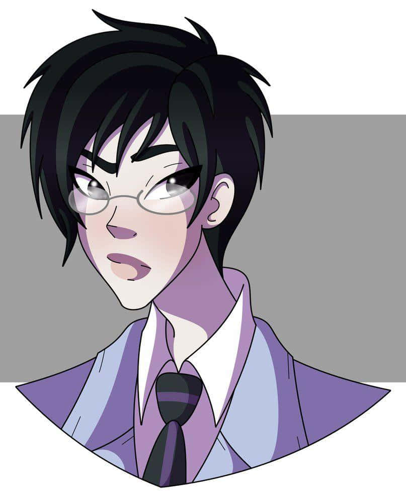 Kyoya Ootori 桌布 壁紙 — 一個風格化的動漫角色，深色頭髮戴眼鏡，穿著紫色西裝和領帶，背景為灰色。
