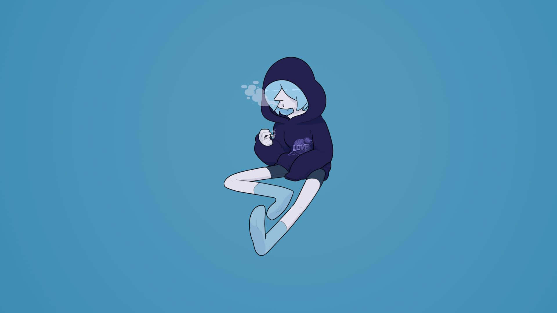 ripndip 桌布 壁紙 — 一個風格化的動漫角色，淺藍色頭髮，穿著連帽衫，在柔和的藍色漸變背景上平靜地漂浮。
