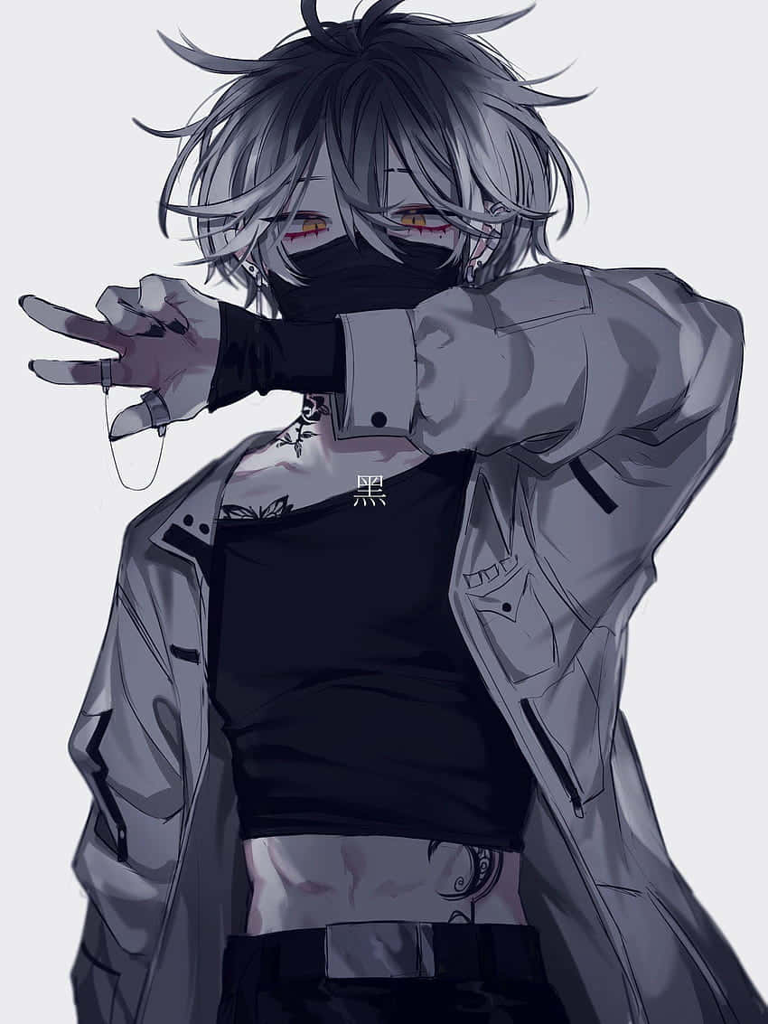 Bad Boy Anime 桌布 壁紙 — 一個風格化的動漫角色，灰色頭髮和黑色面具，在純色背景前比出和平手勢。