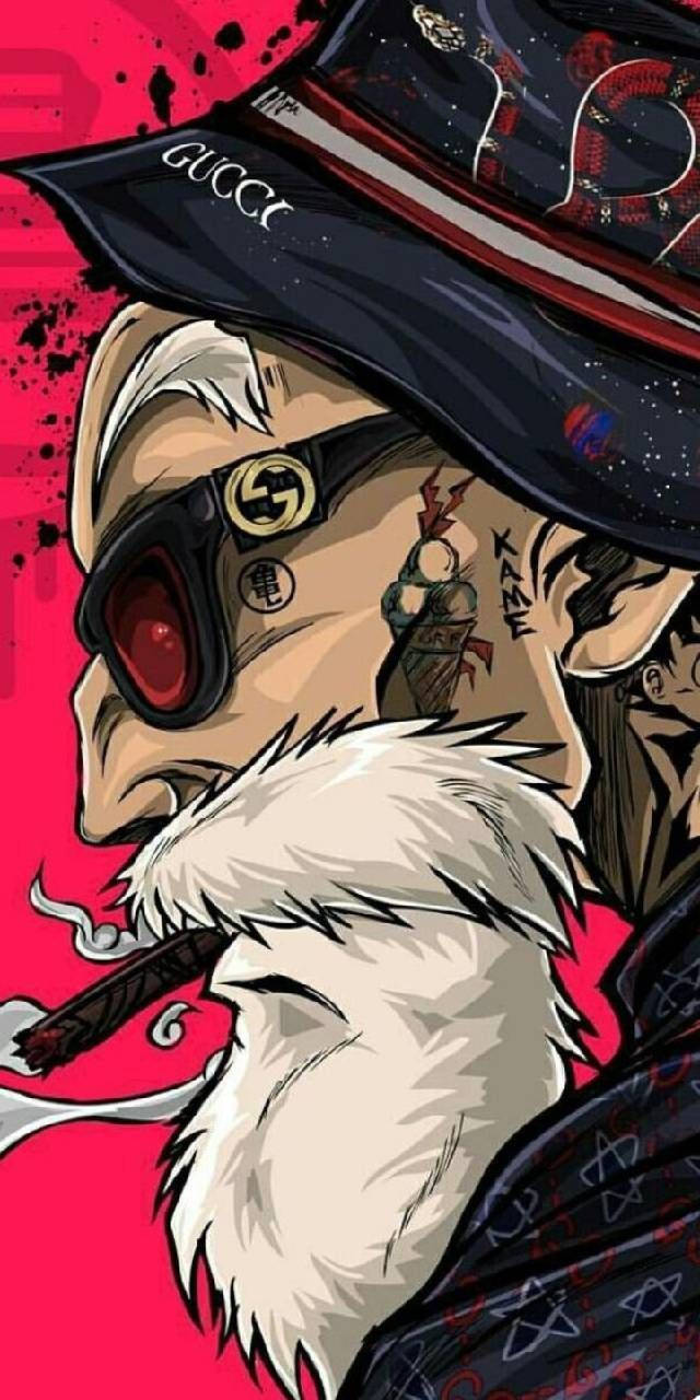 可愛動漫 桌布 壁紙 — 一個風格化的動漫角色，留著白鬍子，戴著Gucci帽子，在鮮紅色的背景下抽雪茄。